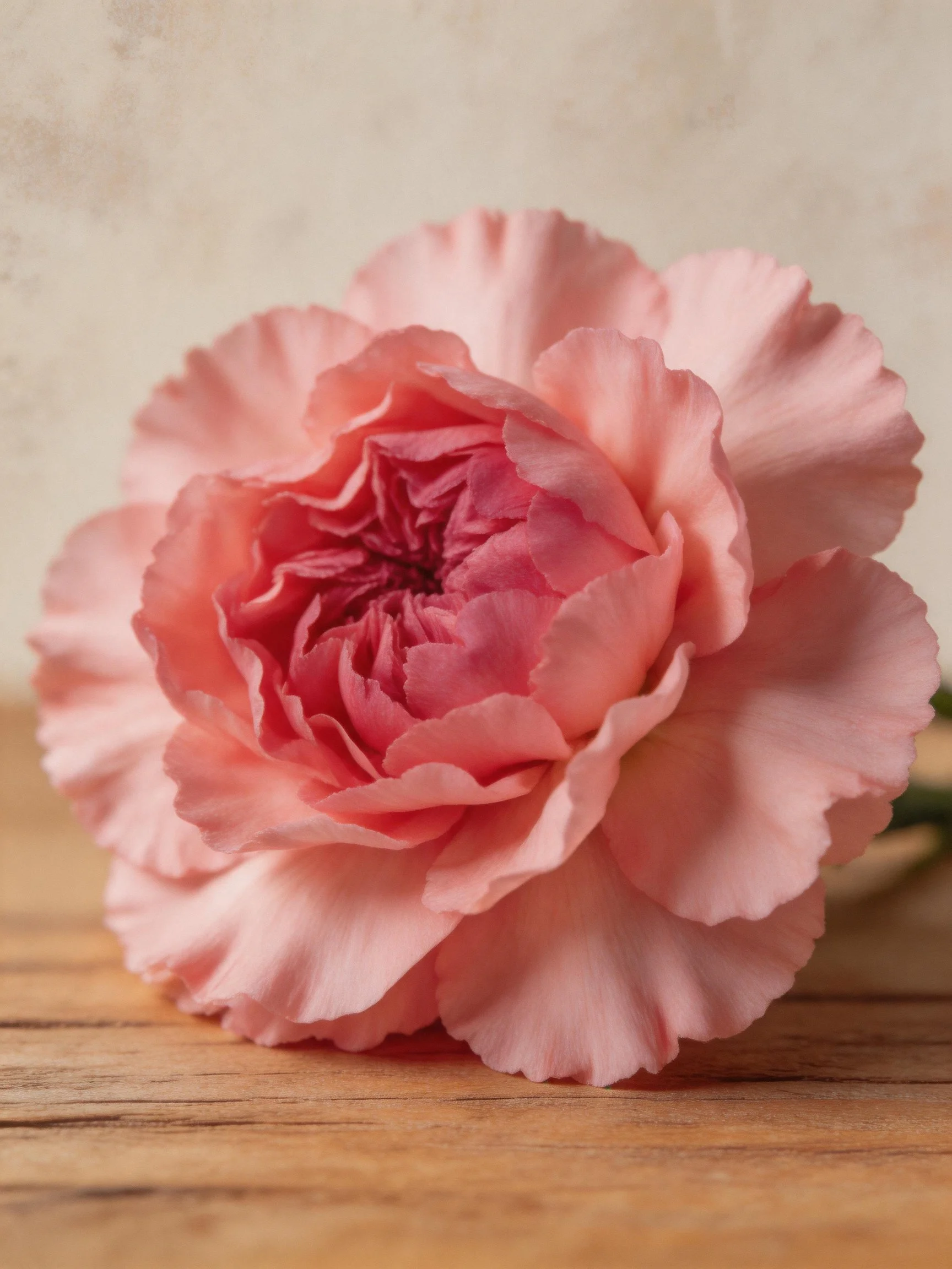A soft pink carnation with layered petals resting on wood