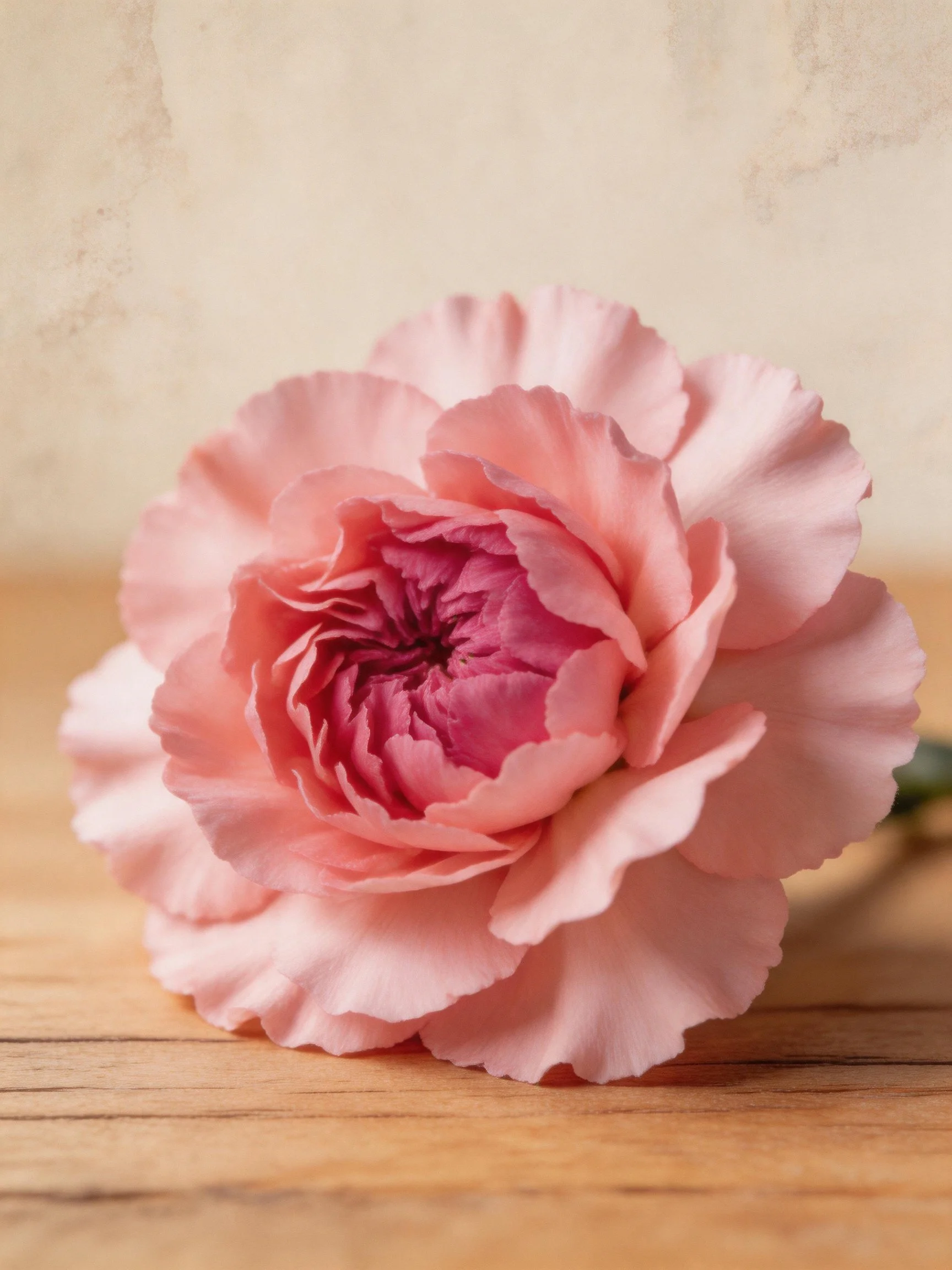 A soft pink carnation with layered petals rests on wood