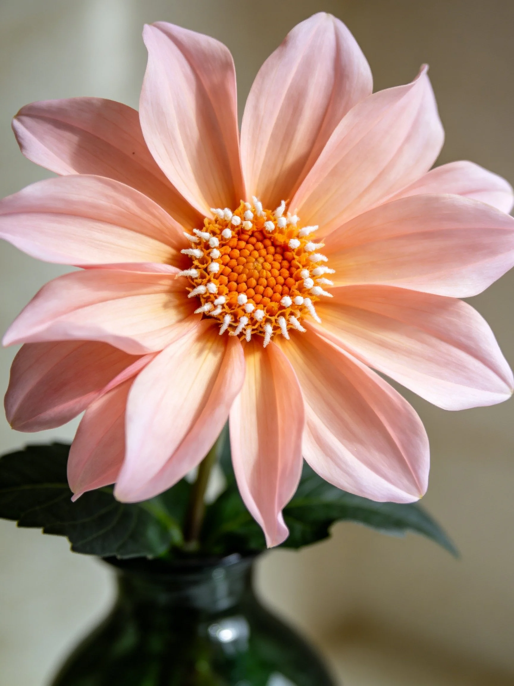 A soft pink dahlia with an orange-yellow center in a dark vase