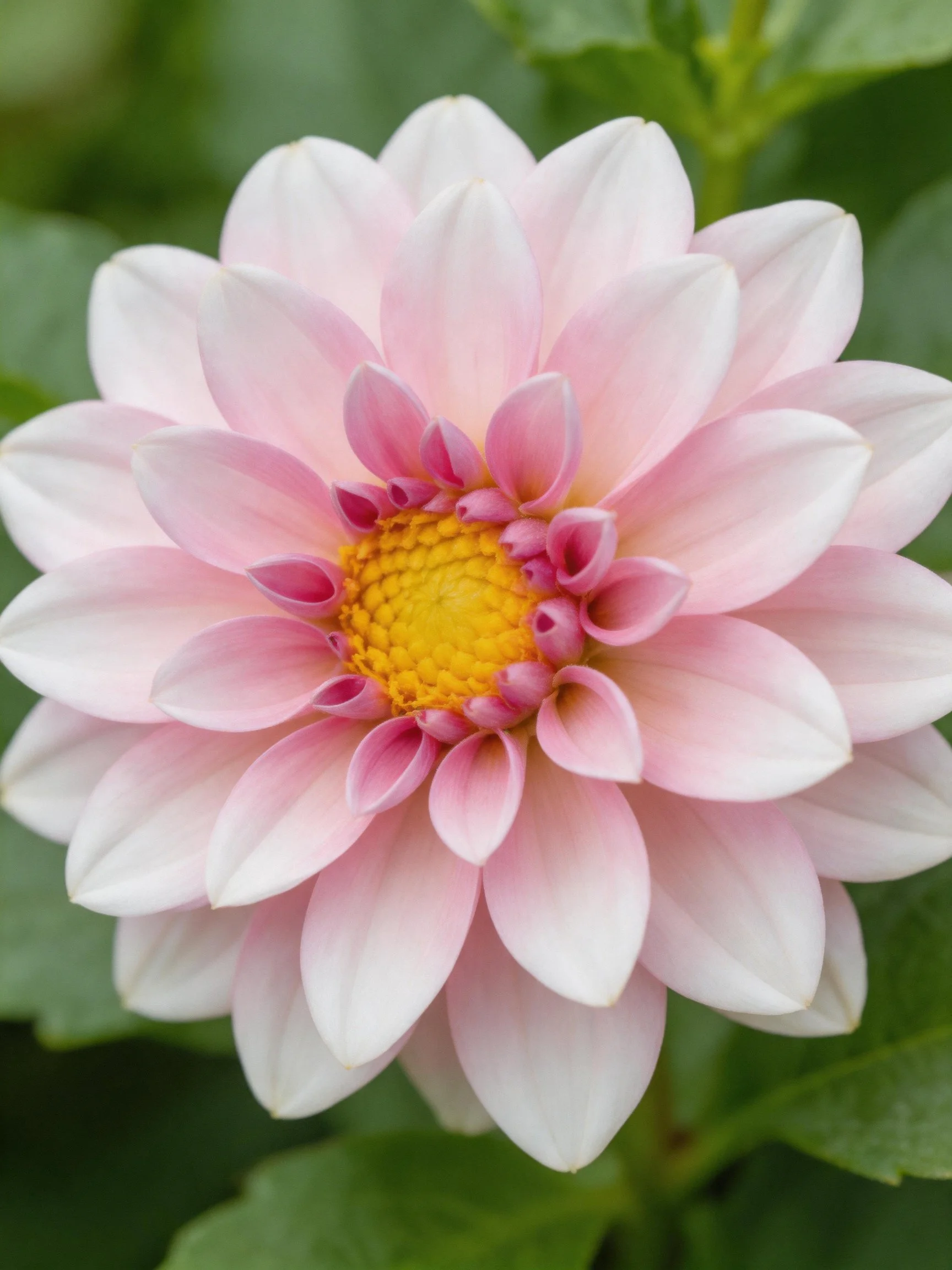 A soft pink dahlia with layered petals and a bright yellow center