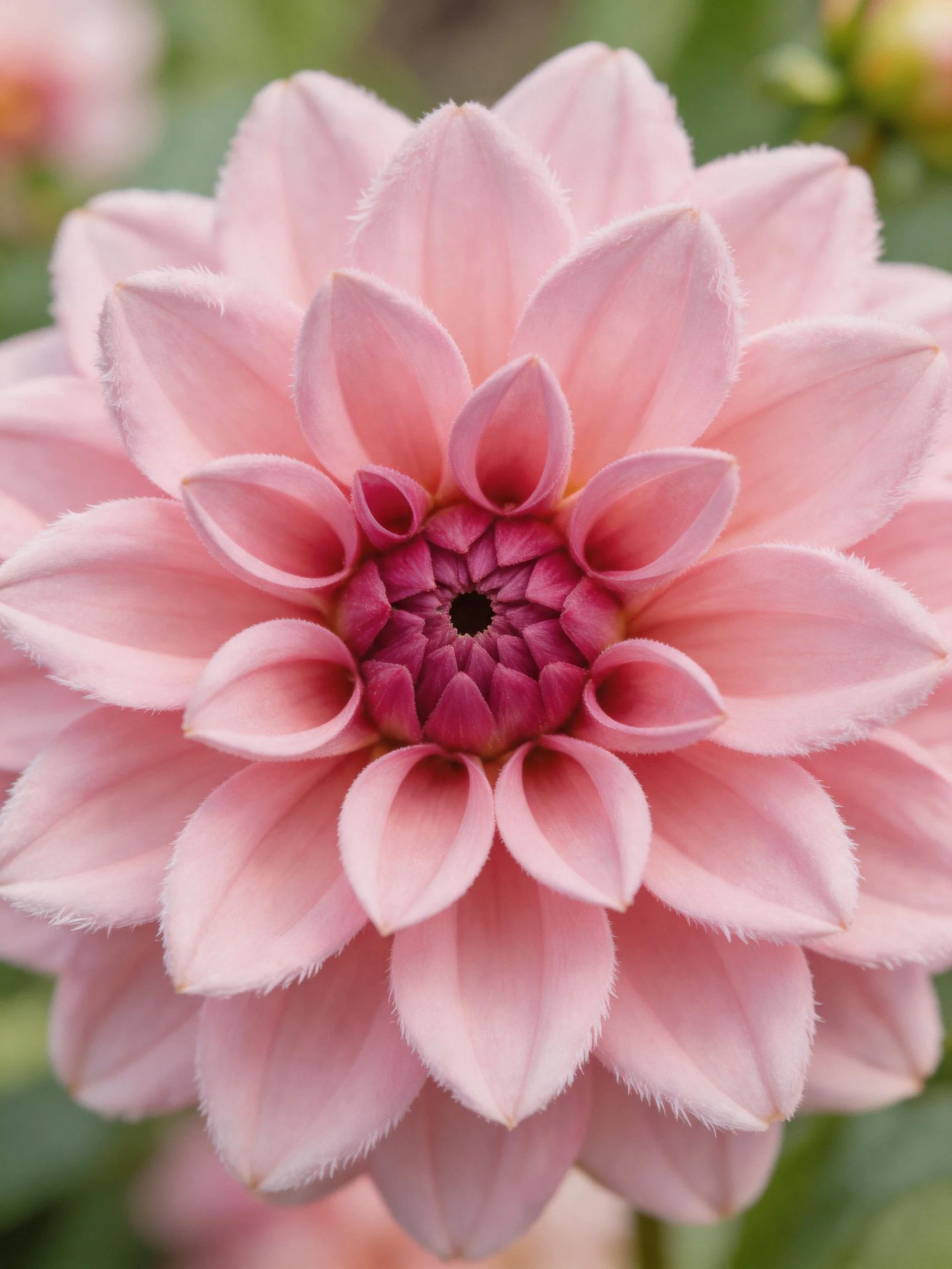 A soft pink dahlia with layered petals and a dark magenta center