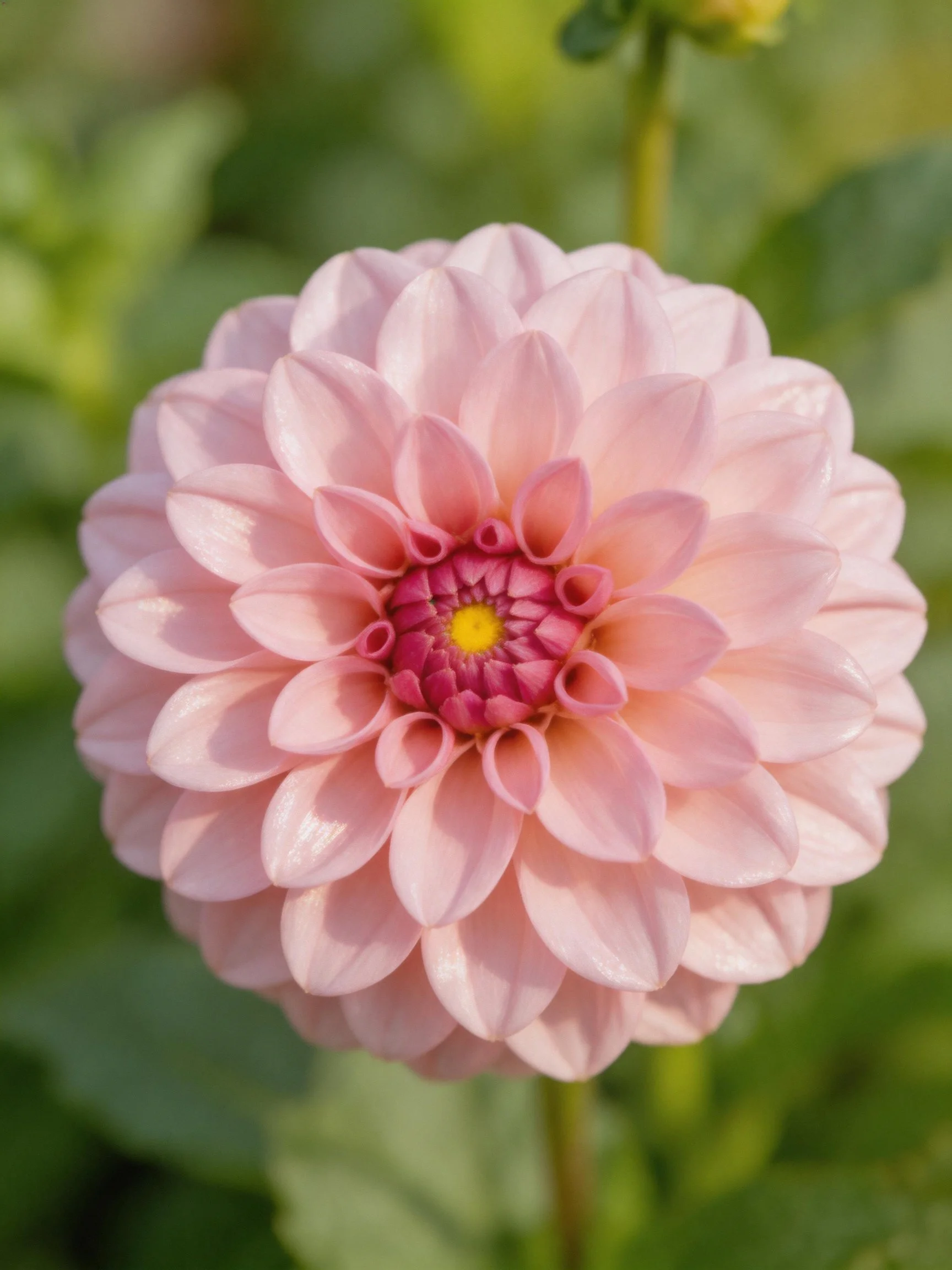 A soft pink dahlia with layered petals and a yellow center