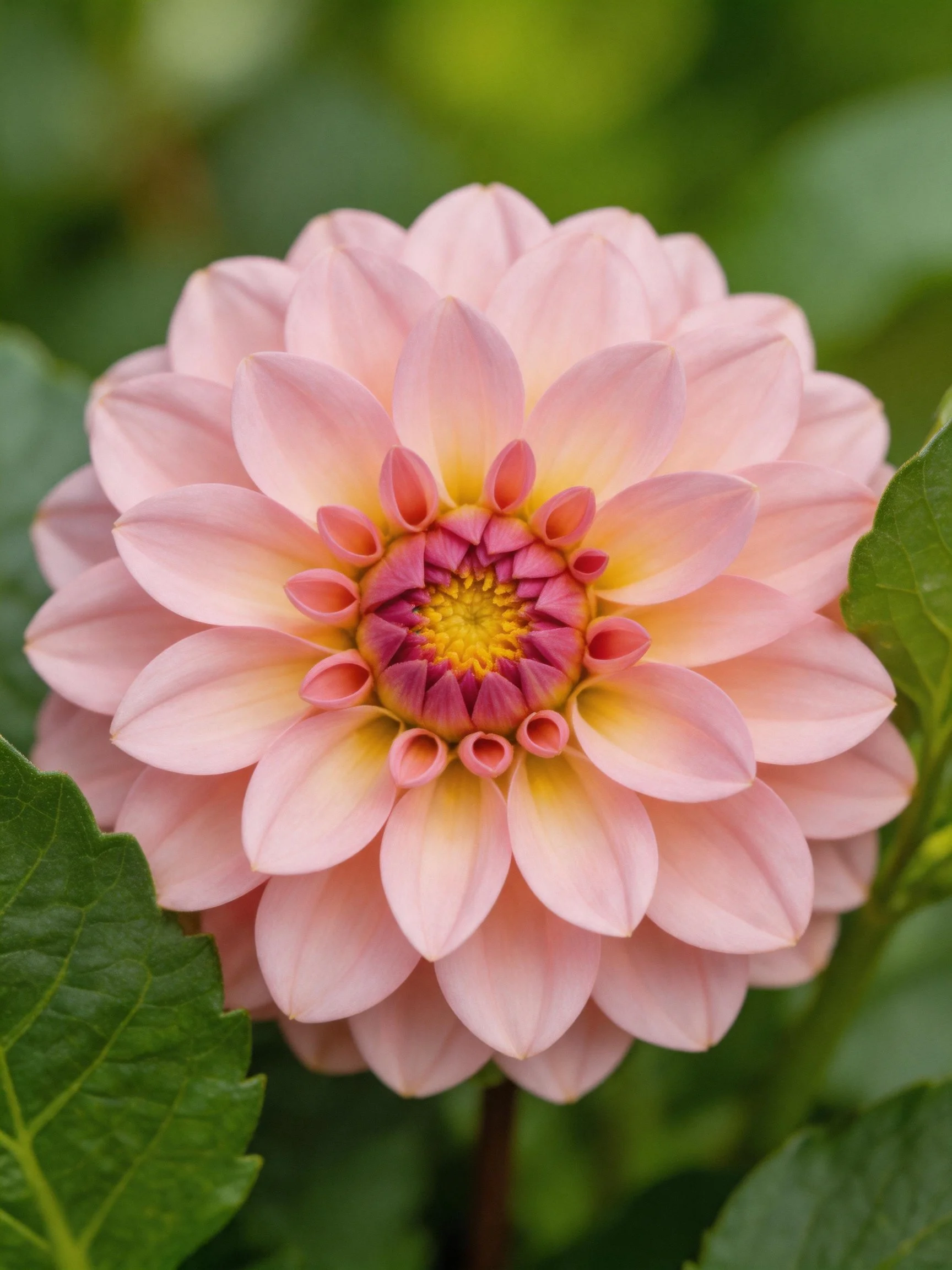 A soft pink dahlia with layered petals and vibrant center