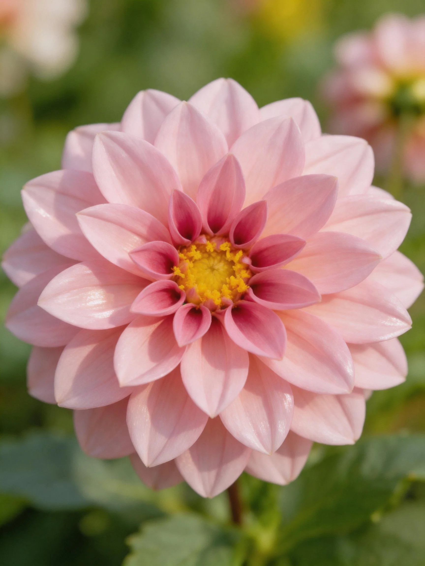 A soft pink dahlia with layered petals and yellow center