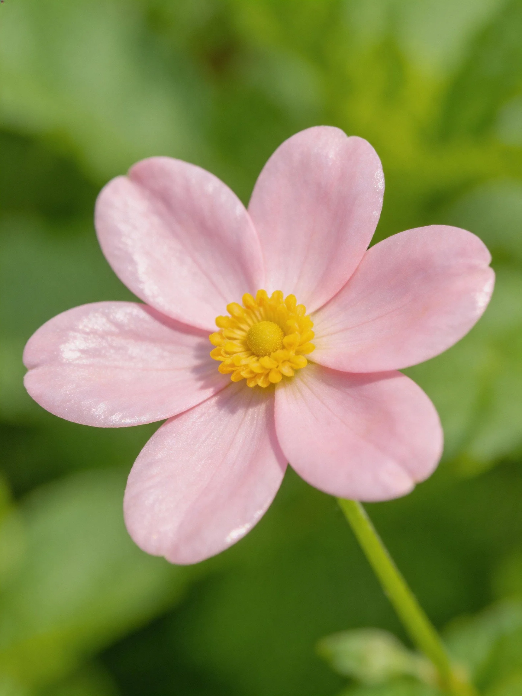 A soft pink five - petaled flower with a bright yellow center