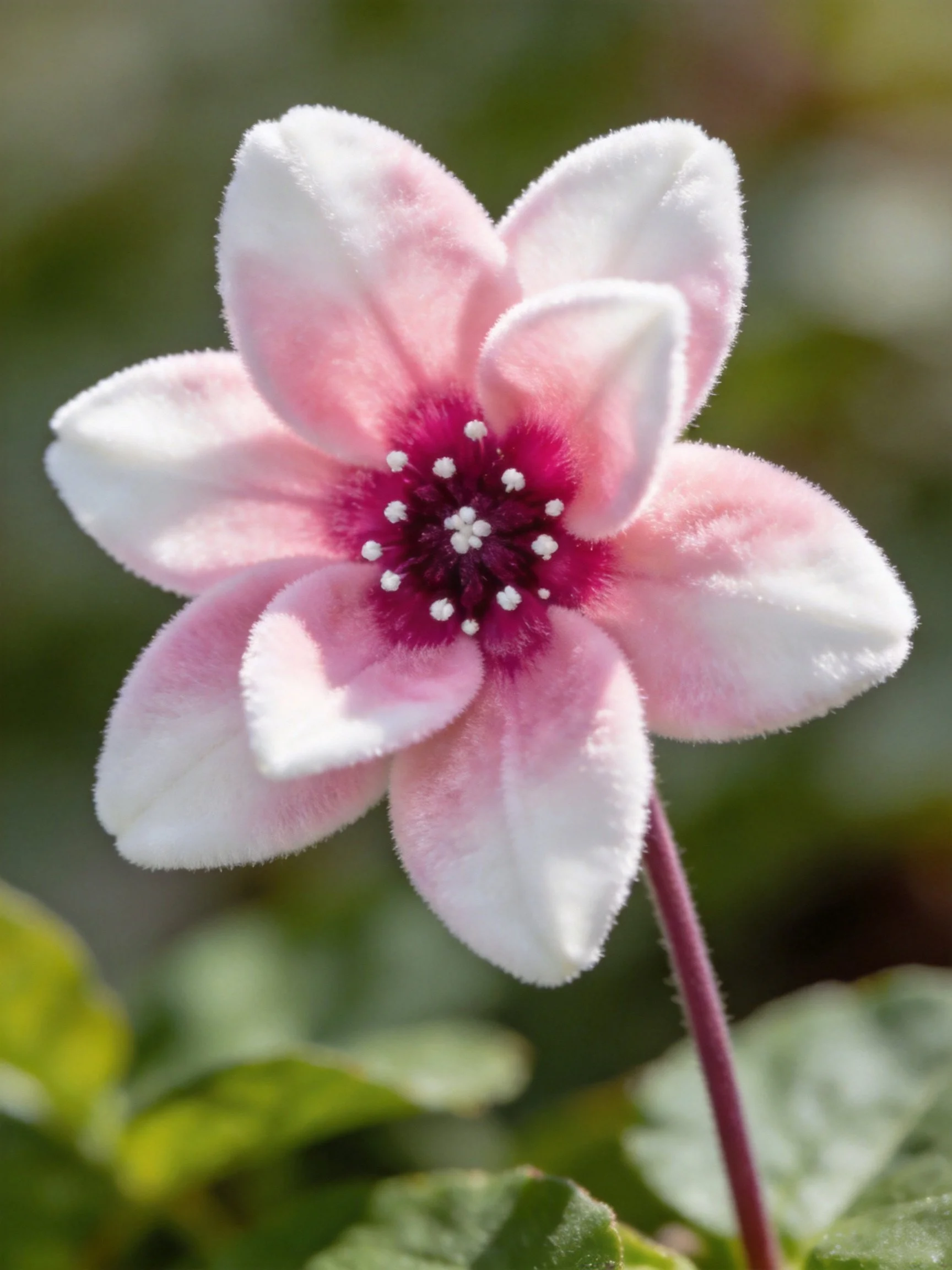 A soft pink flower with a magenta center and fuzzy petals
