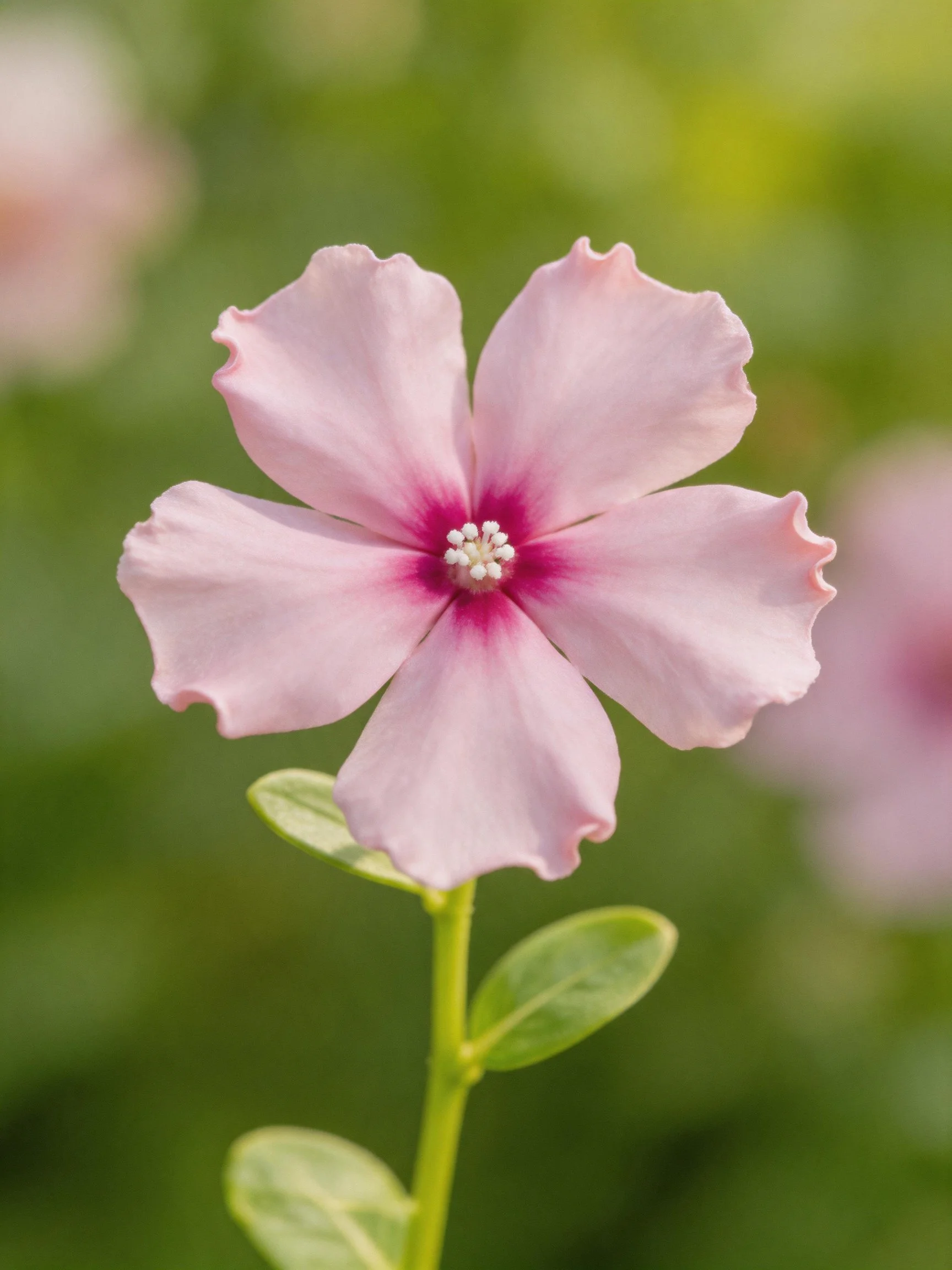 A soft pink flower with a magenta center and green foliage