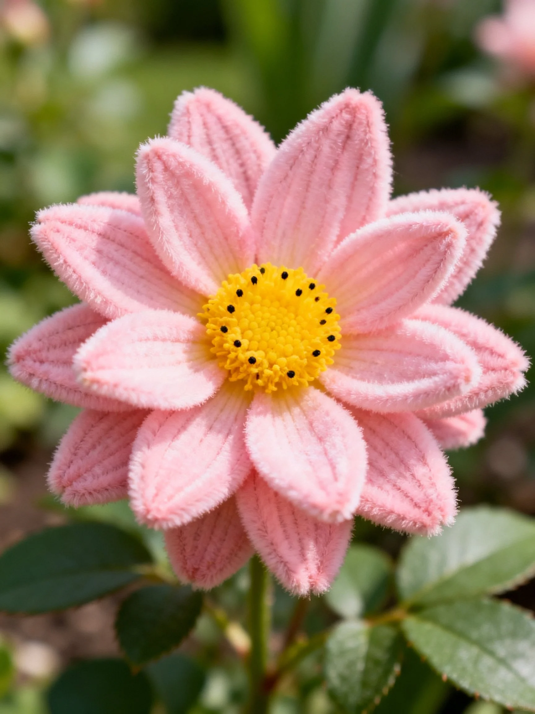 A soft pink fuzzy-petaled flower with a bright yellow center