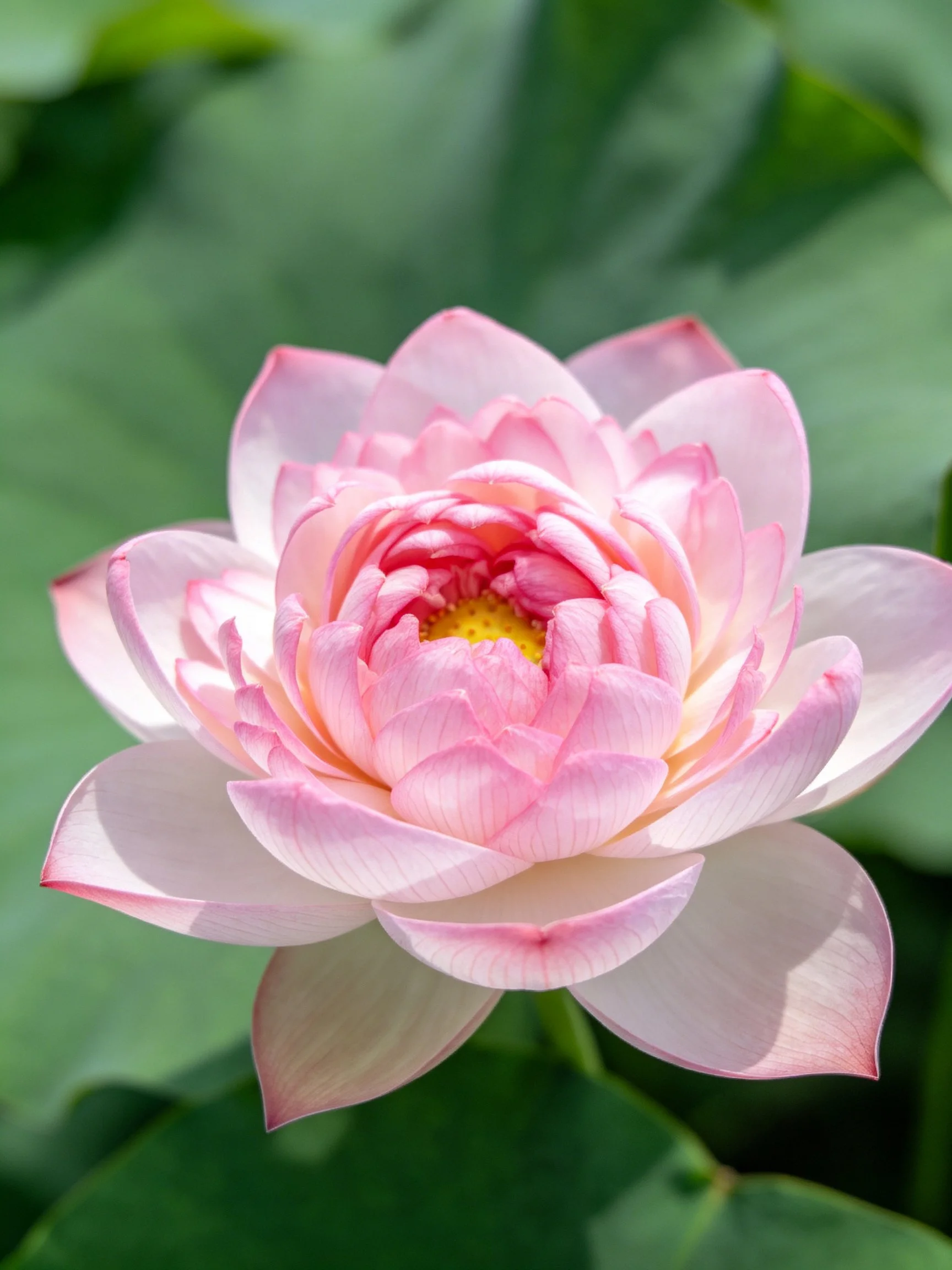 A soft pink lotus with layered petals and green foliage backdrop