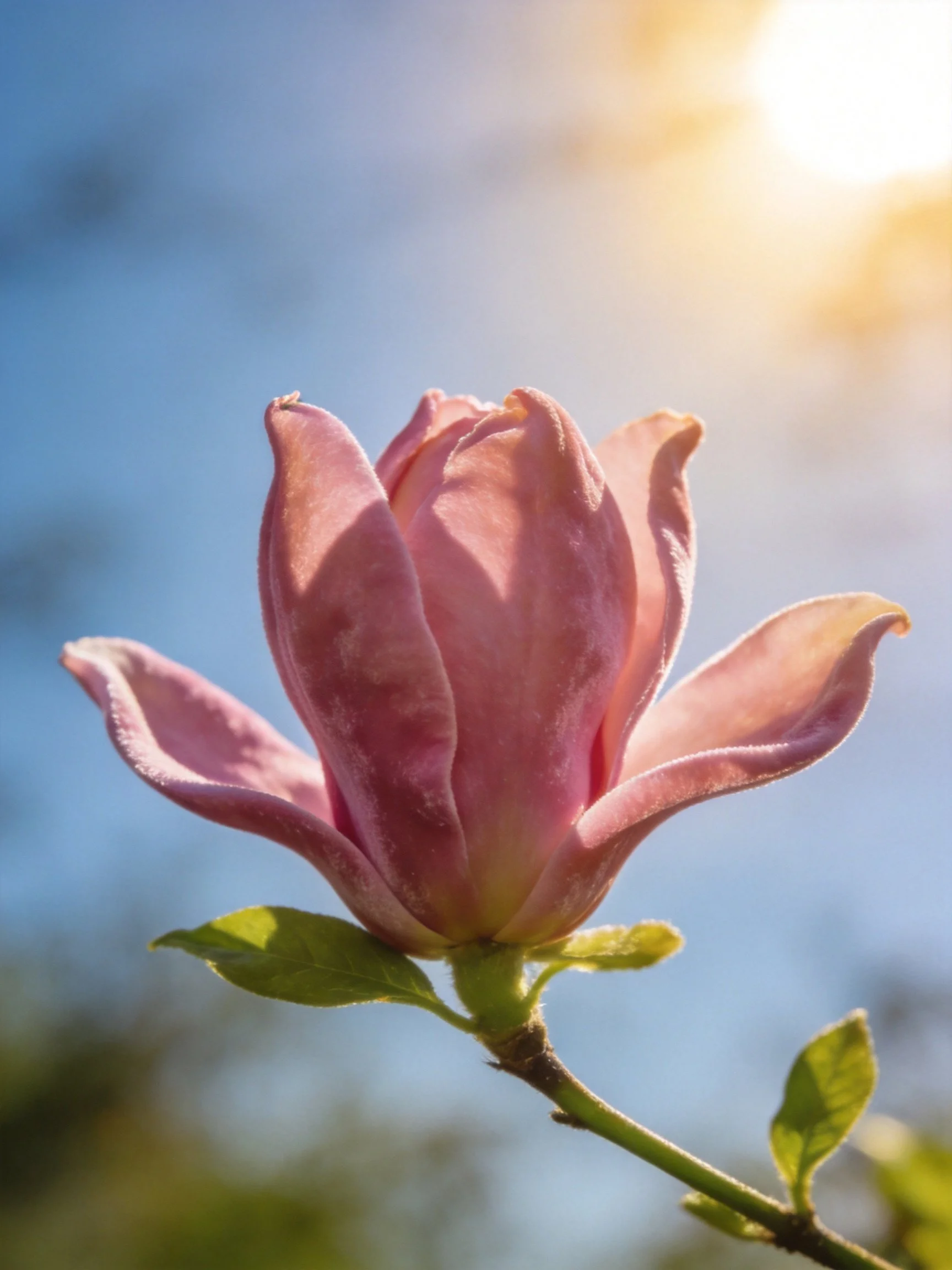 A soft pink magnolia bud blooming under sunny skies