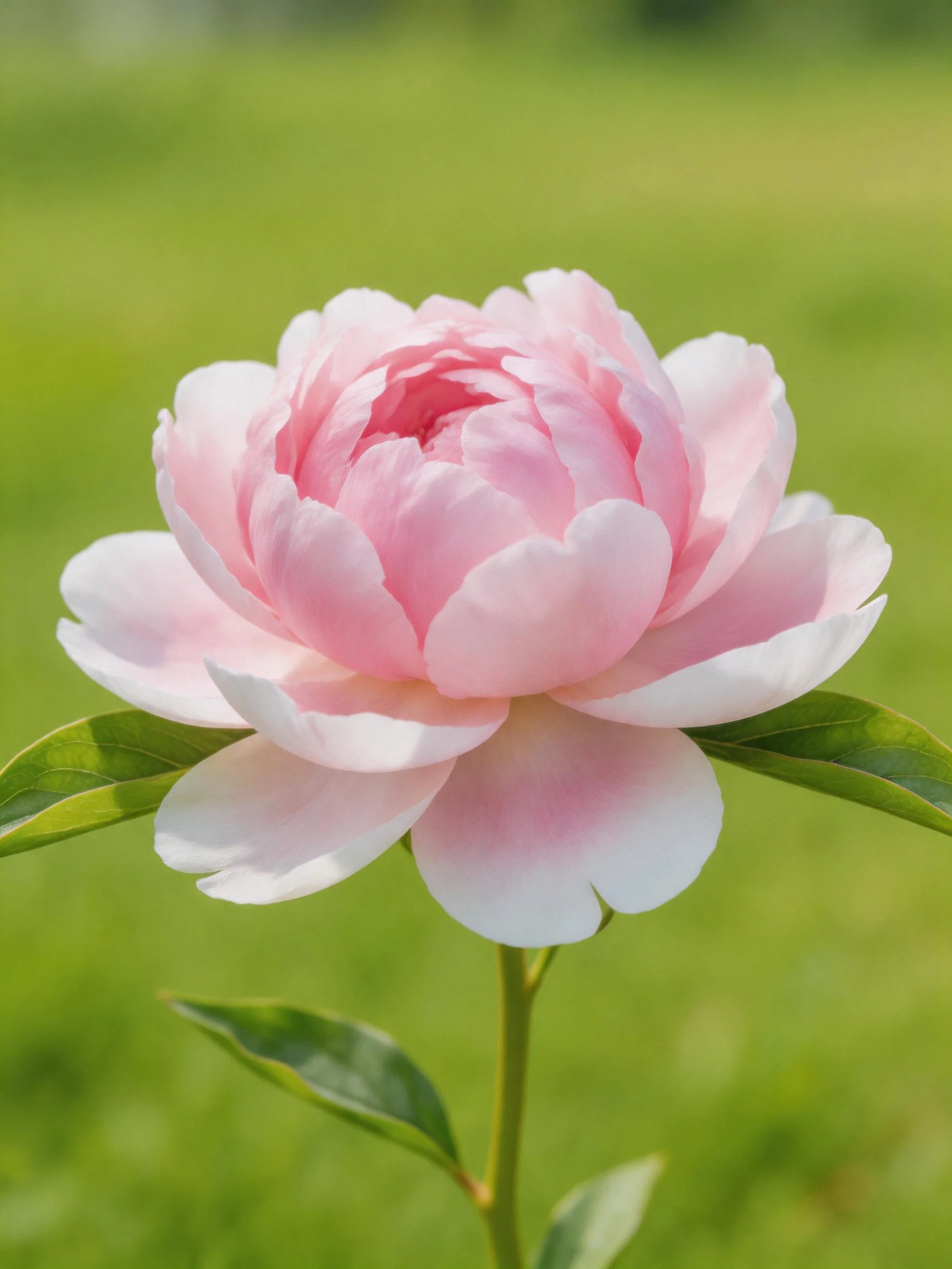 A soft pink peony flower with vibrant green leaves