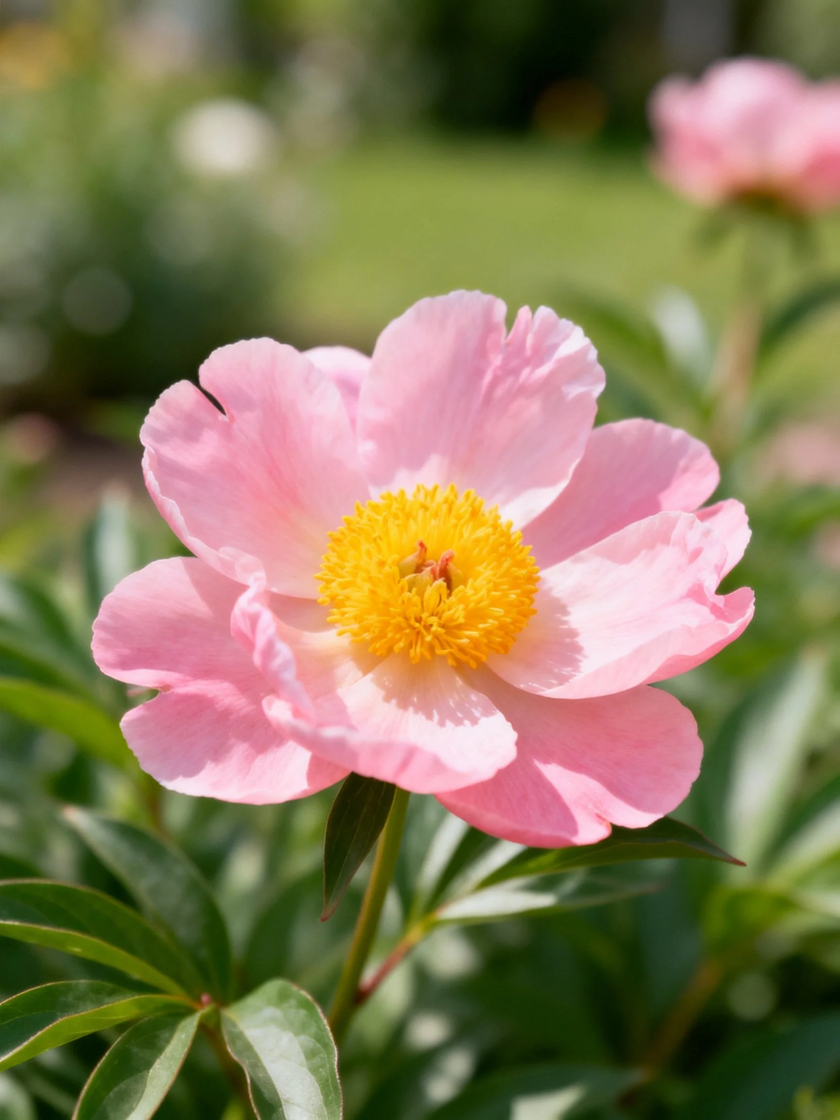 A soft pink peony with a bright yellow center amid green foliage