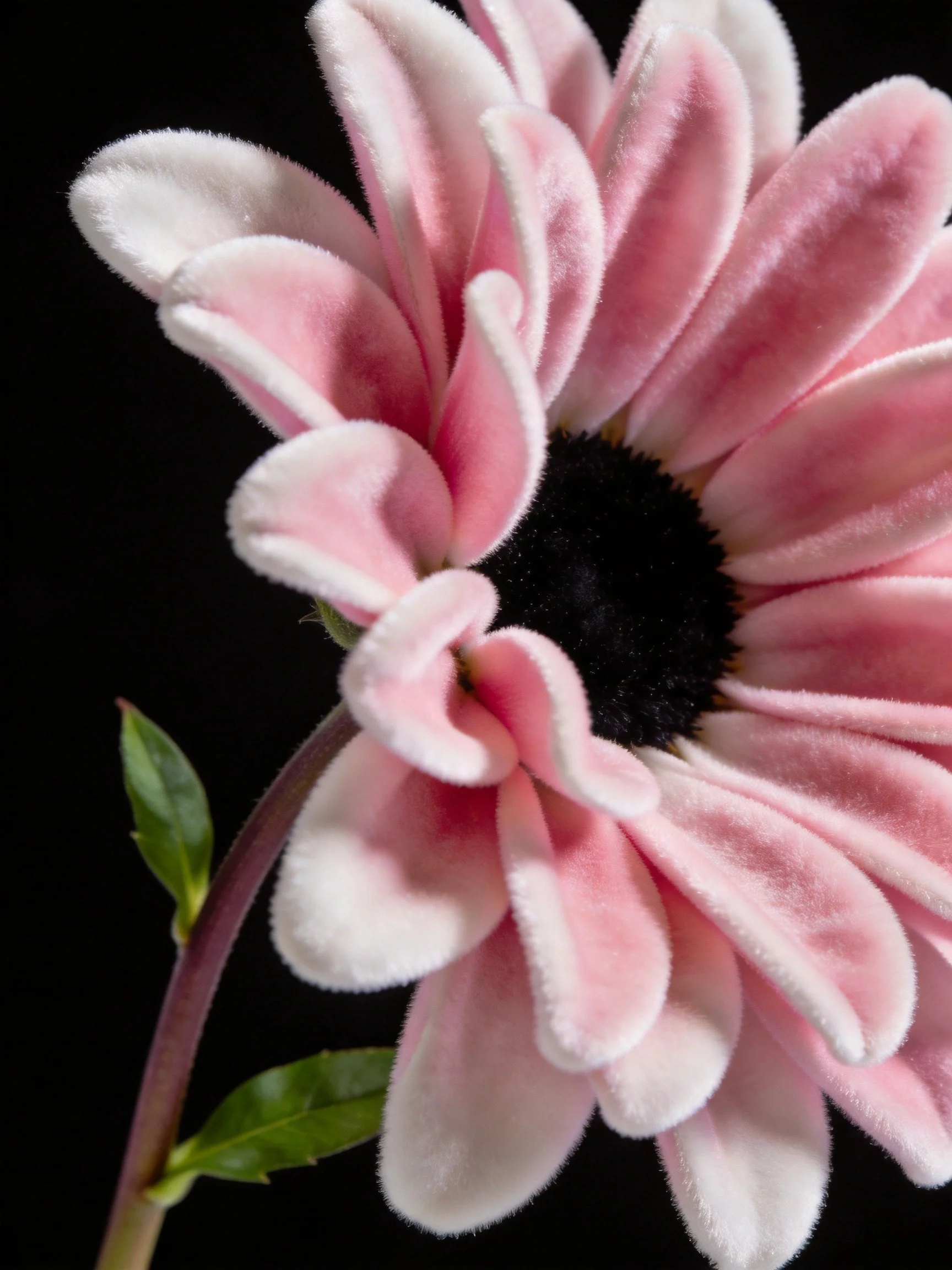 A soft pink plush flower with a dark center and green leaves