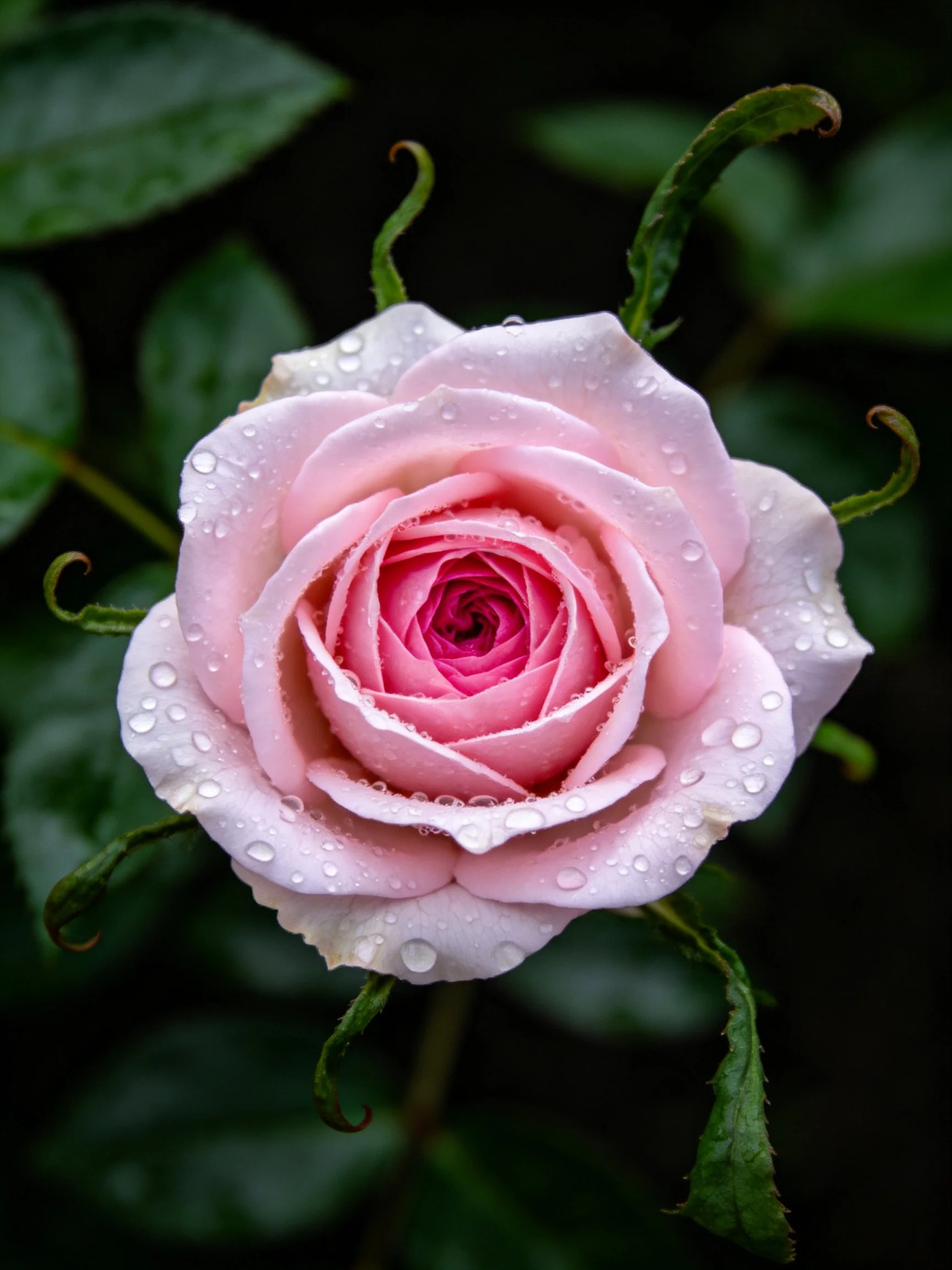 A soft pink rose adorned with dewdrops near dark green foliage