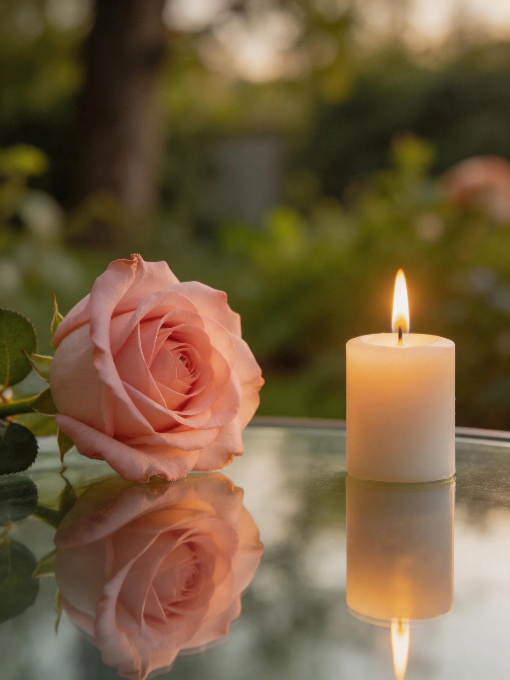 A soft pink rose and a lit white candle on a reflective surface