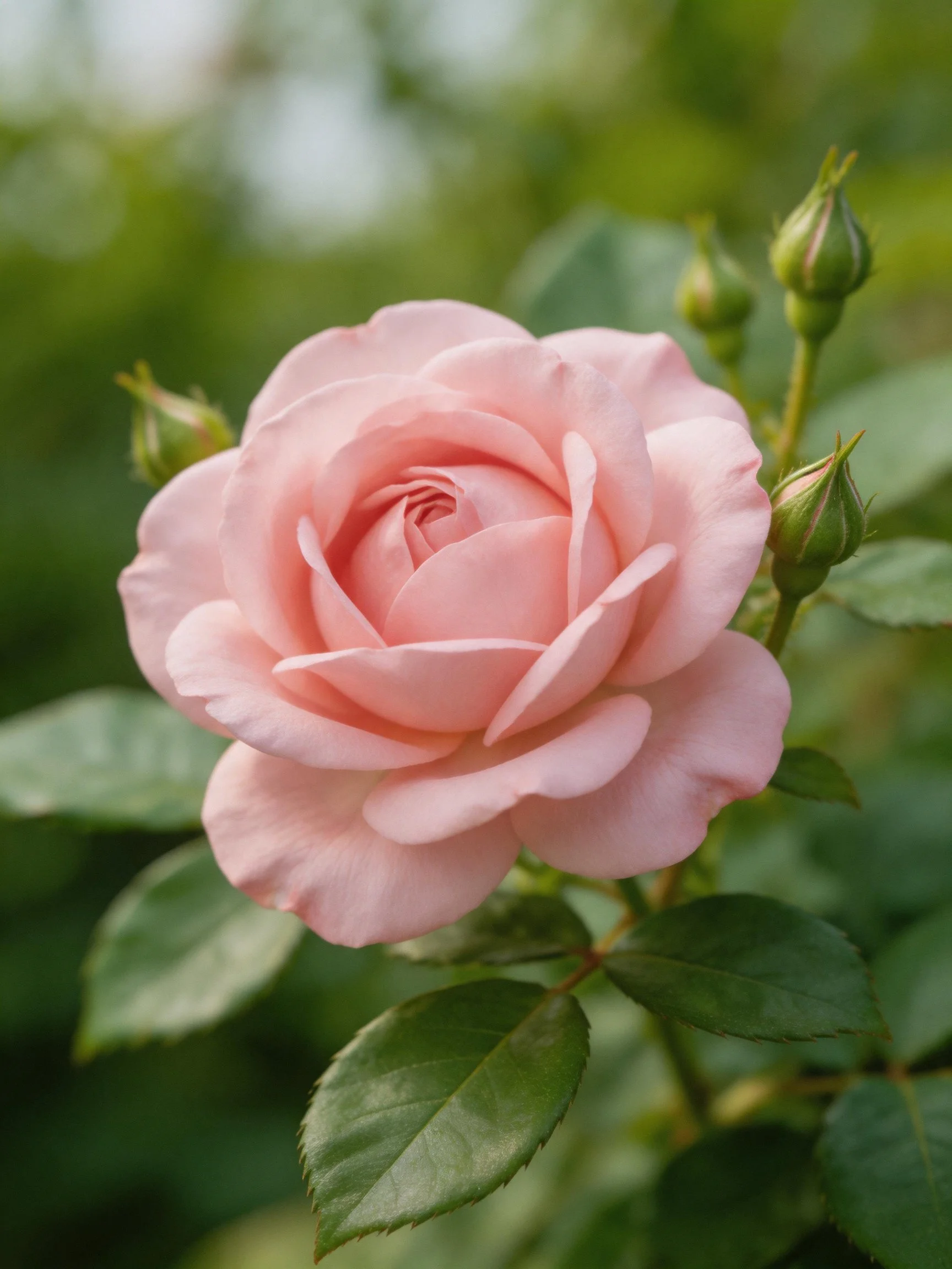A soft pink rose blooms amid green buds and glossy leaves
