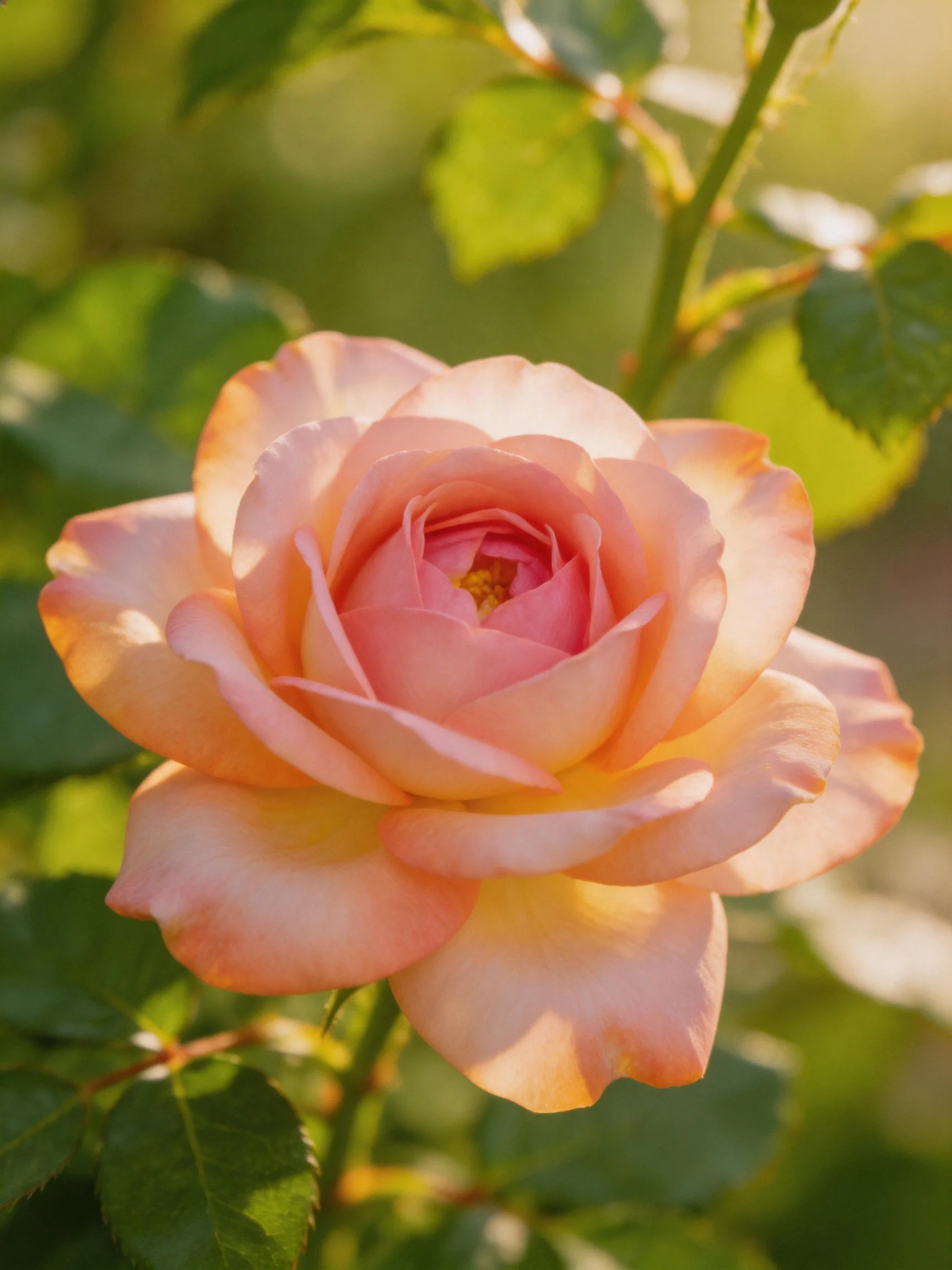 A soft pink rose blooms amid lush green foliage