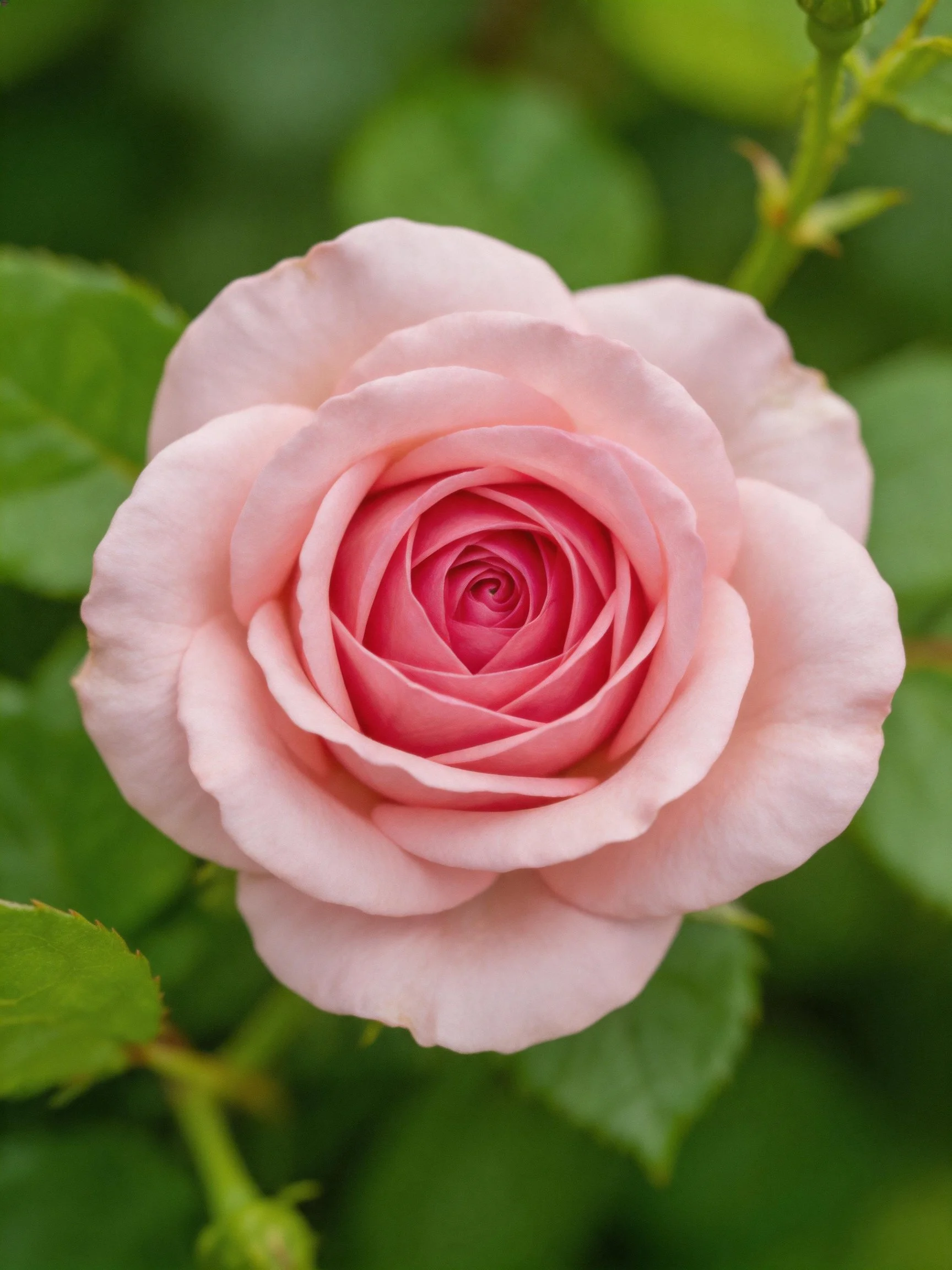A soft pink rose blooms amid lush green foliage