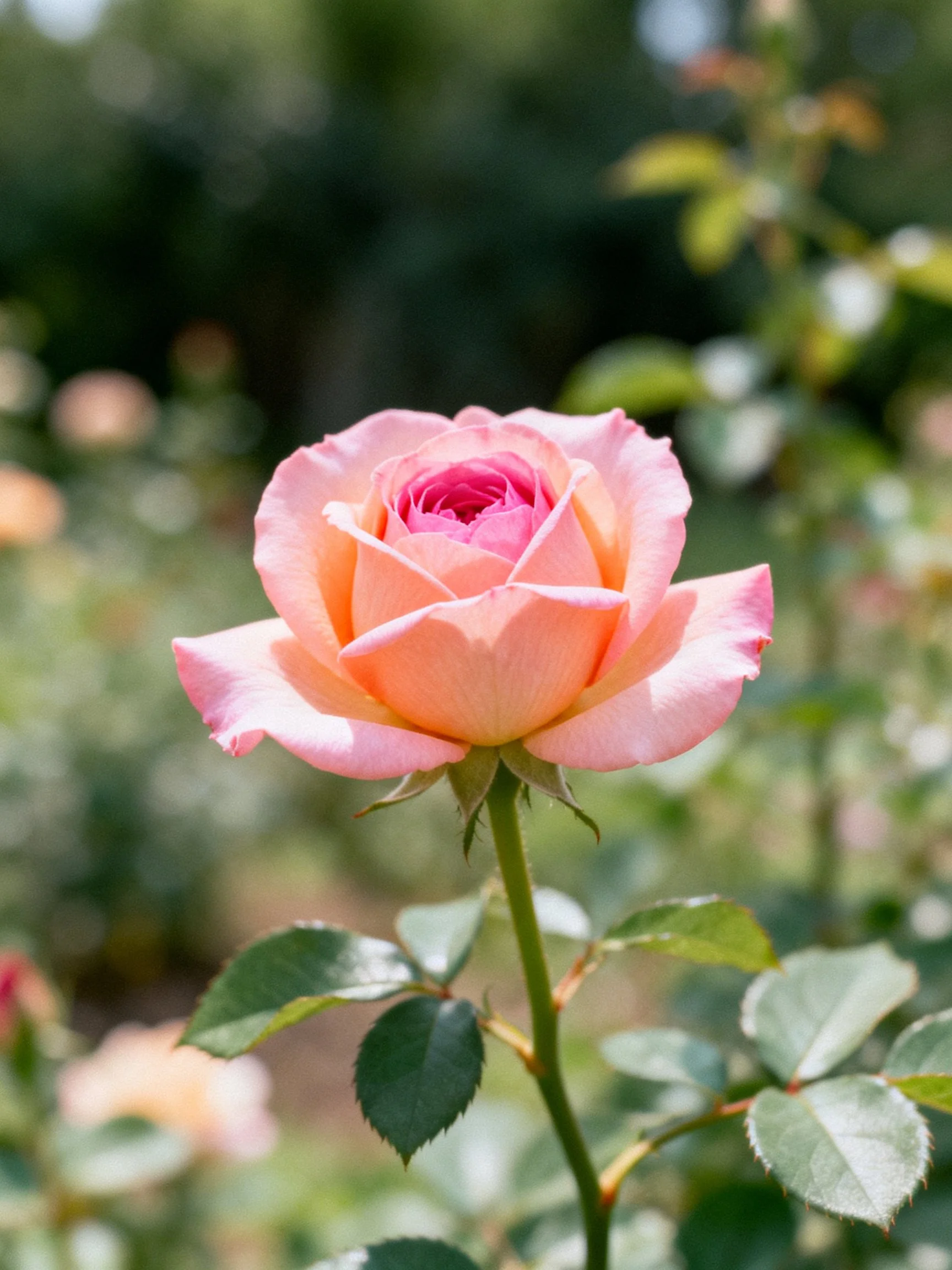 A soft pink rose blooms among green foliage