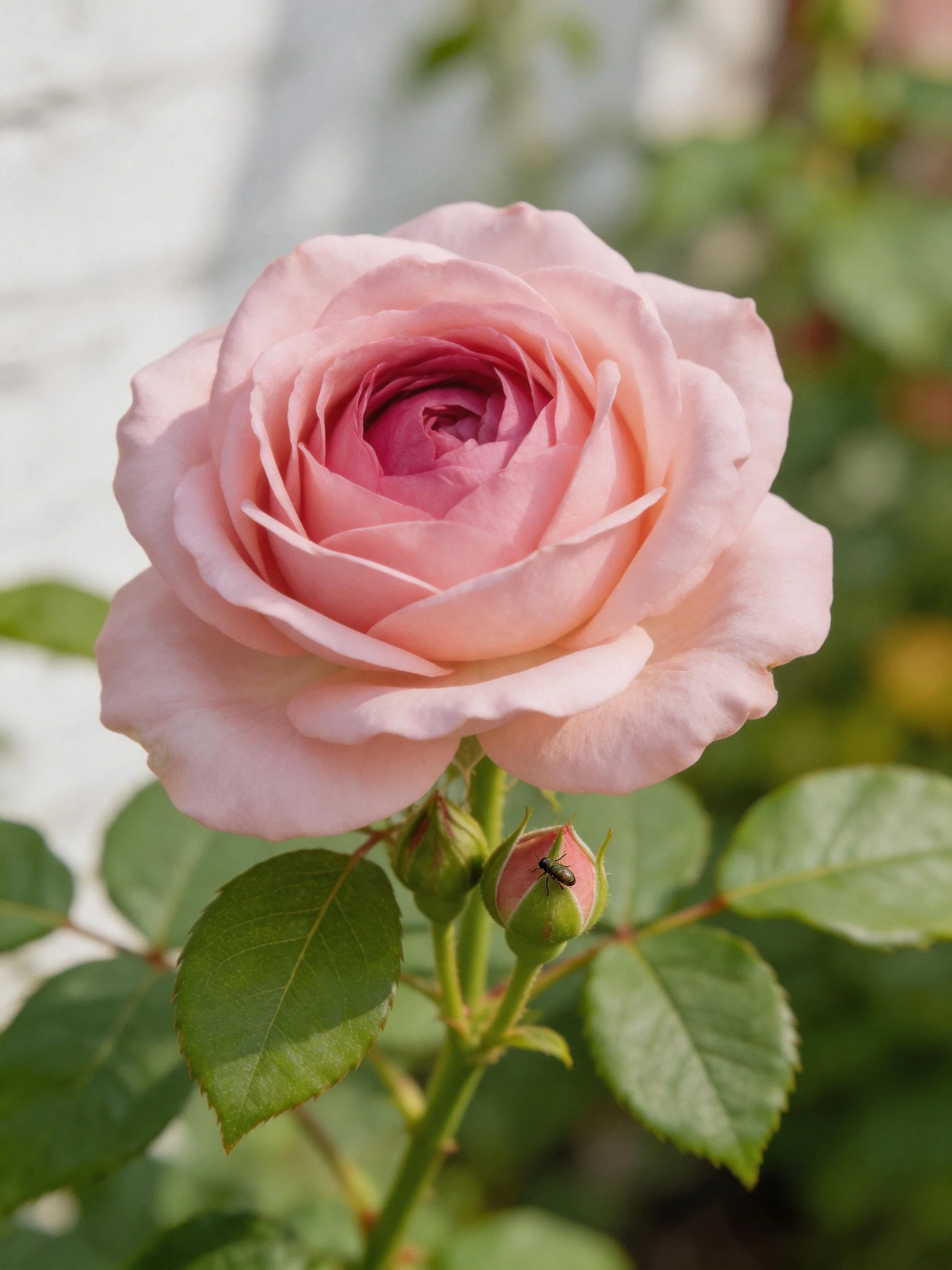 A soft pink rose blooms beside green leaves and buds