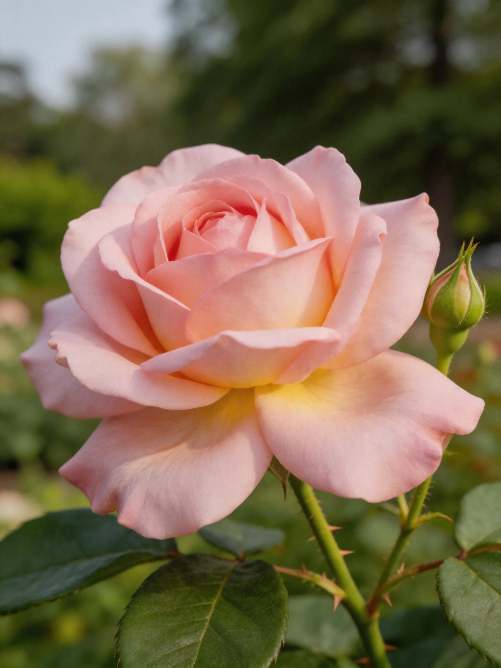 A soft pink rose blooms near a green rosebud with dark green foliage