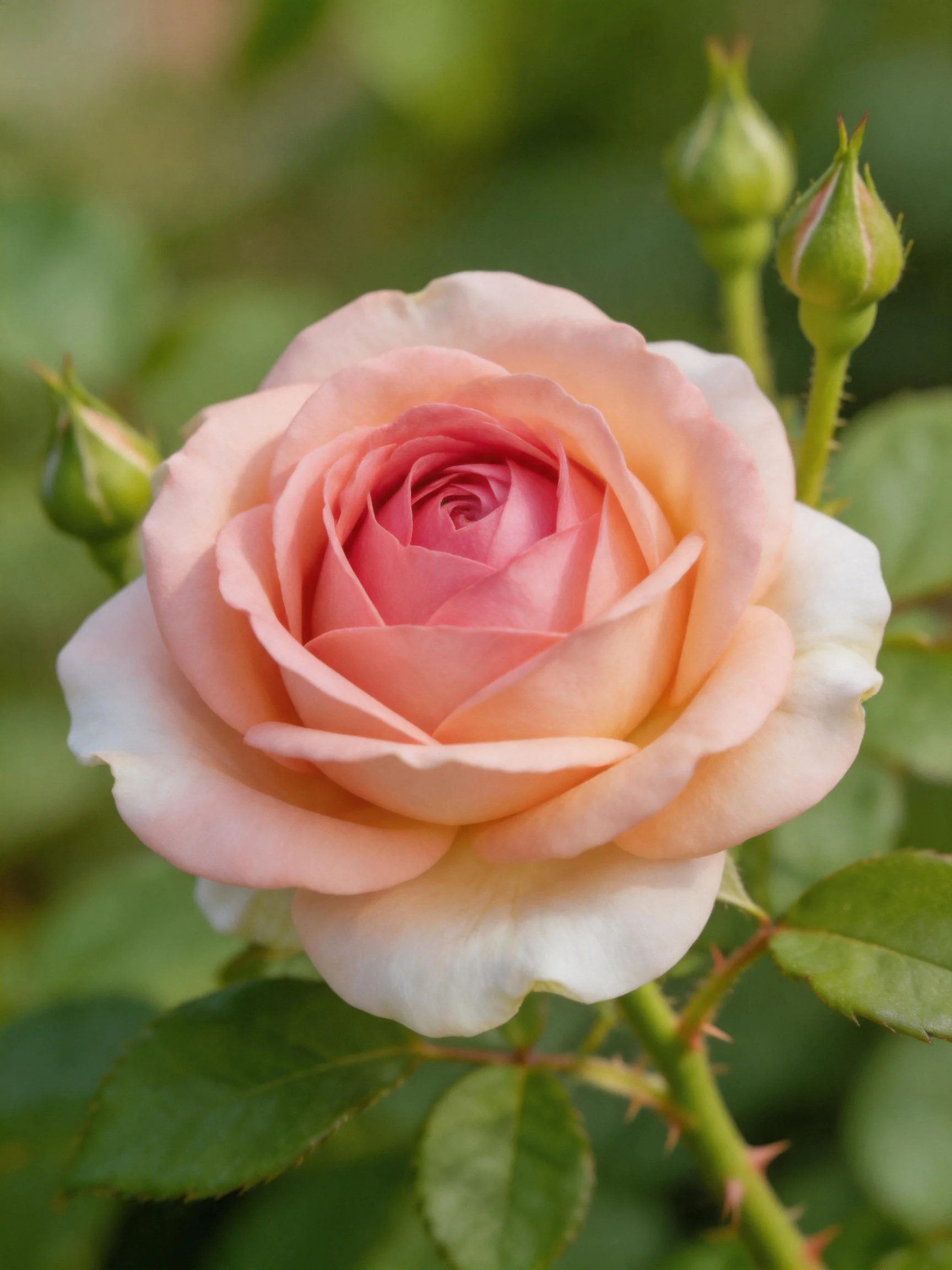 A soft pink rose blooms near green rosebuds