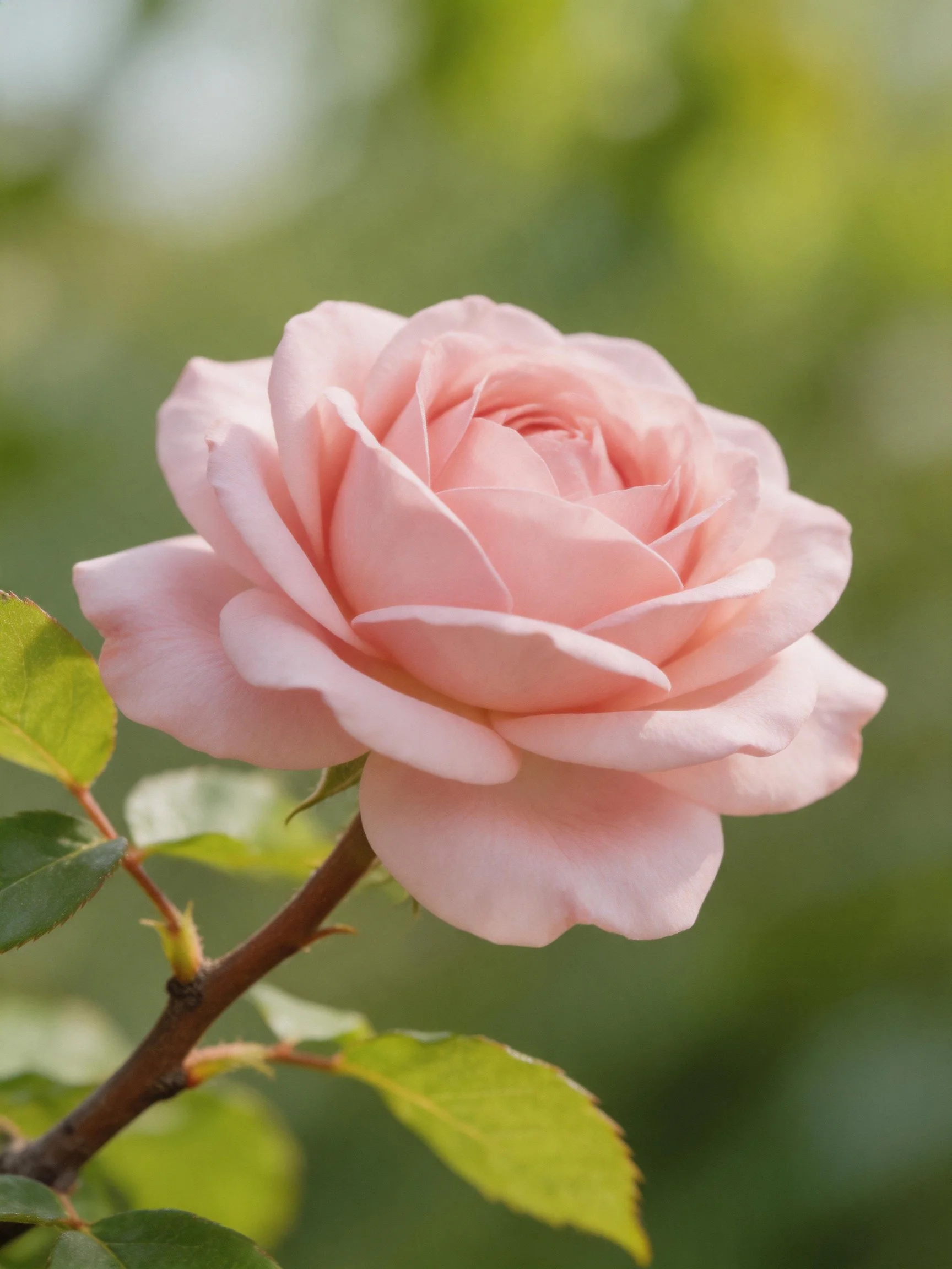 A soft pink rose blooms on a brown stem with green leaves