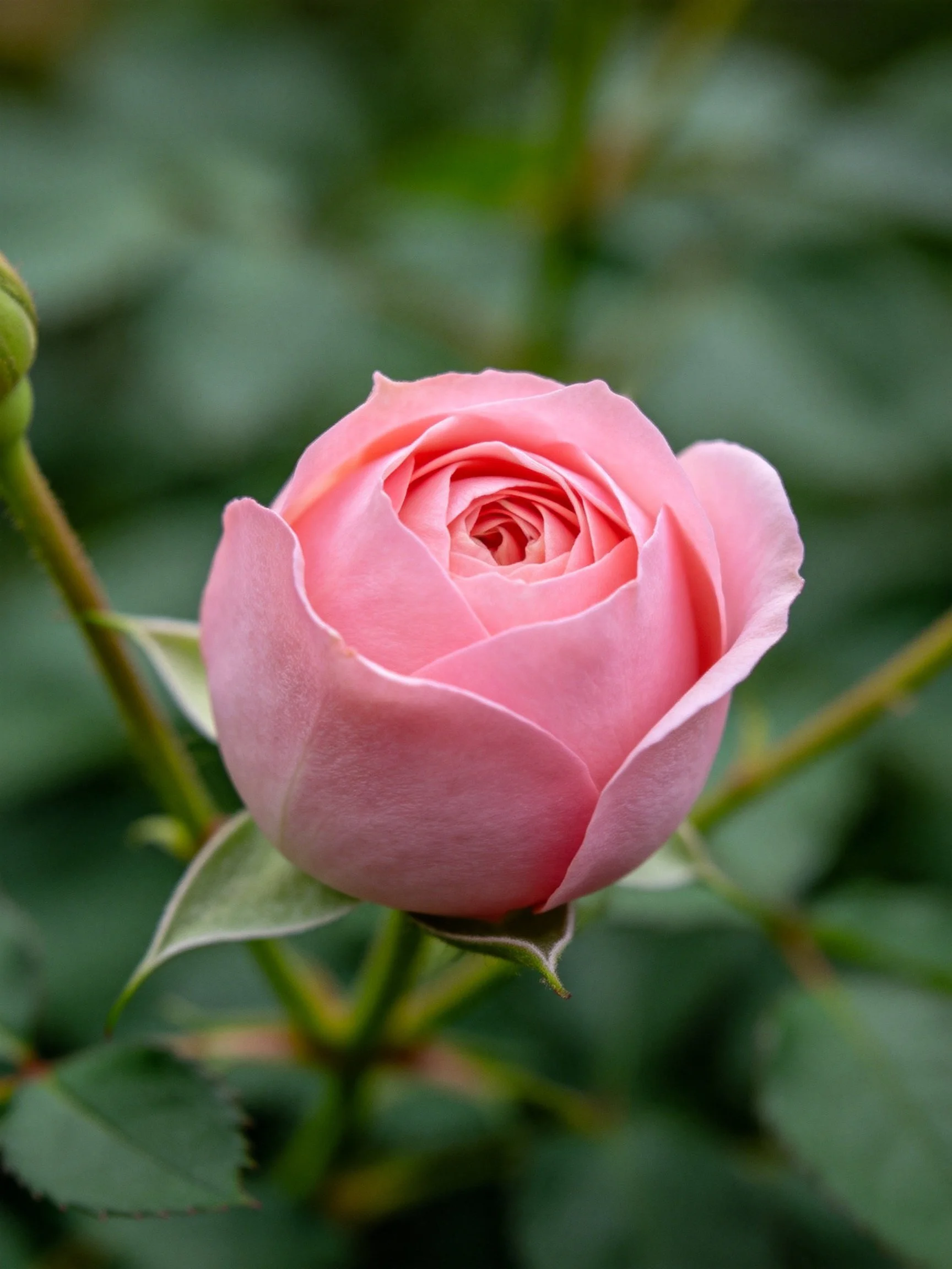 A soft pink rose bud surrounded by lush green leaves and stems