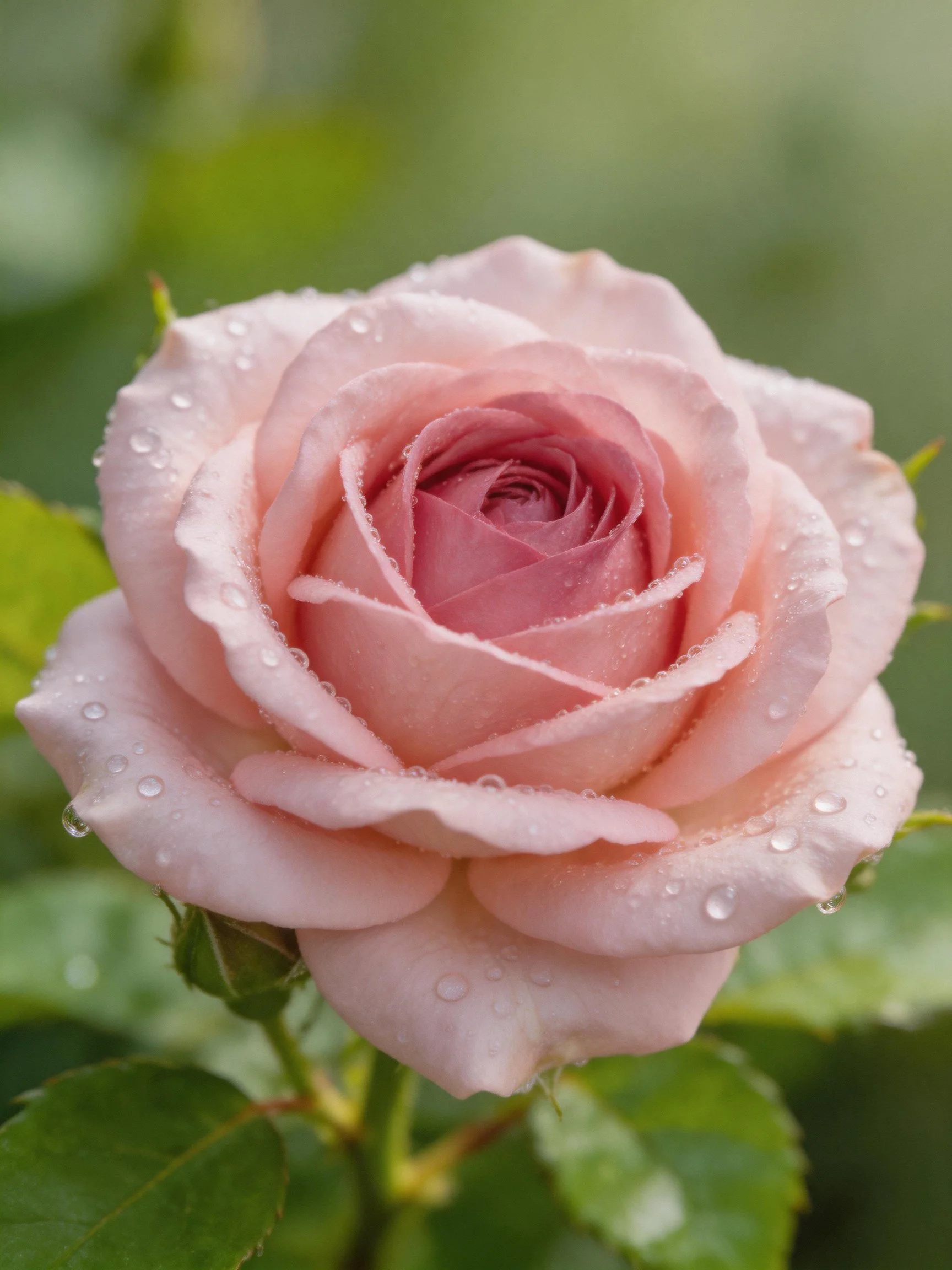 A soft pink rose covered in glistening dewdrops