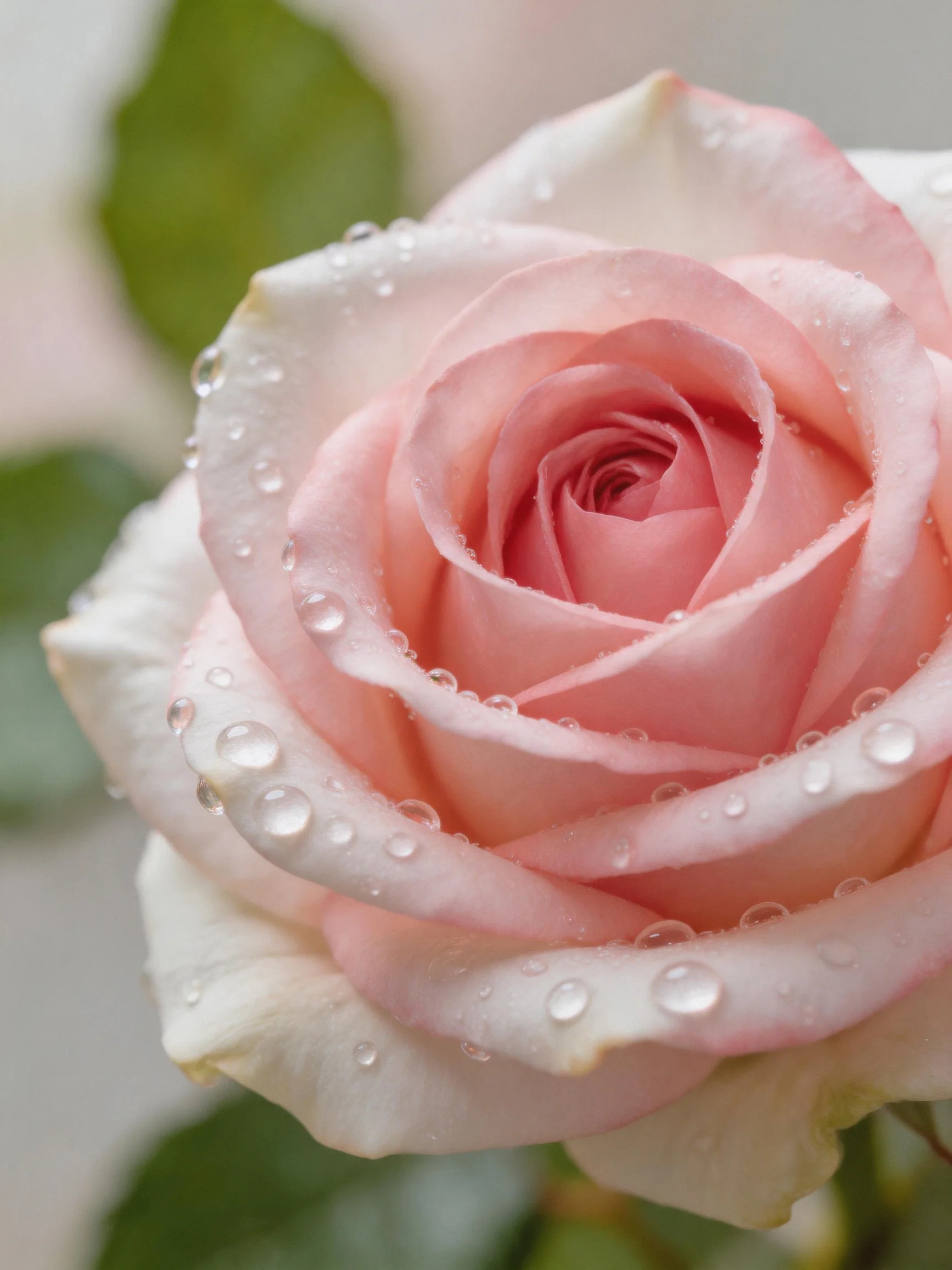 A soft pink rose covered in glistening water droplets