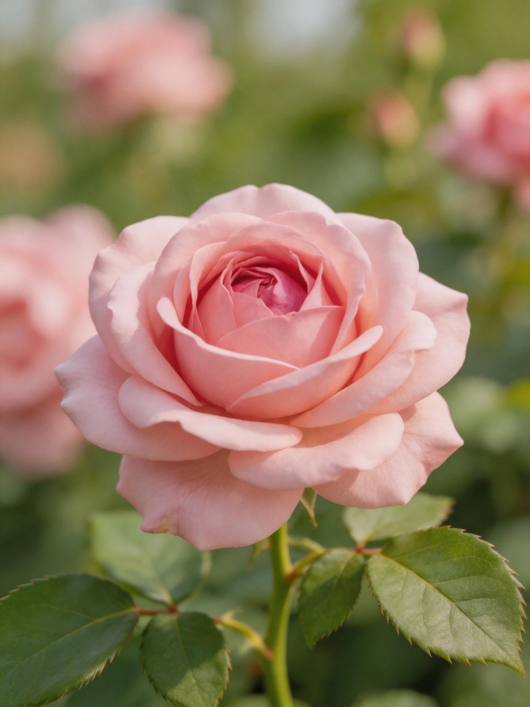 A soft pink rose in focus, surrounded by blurred pink blooms and green foliage
