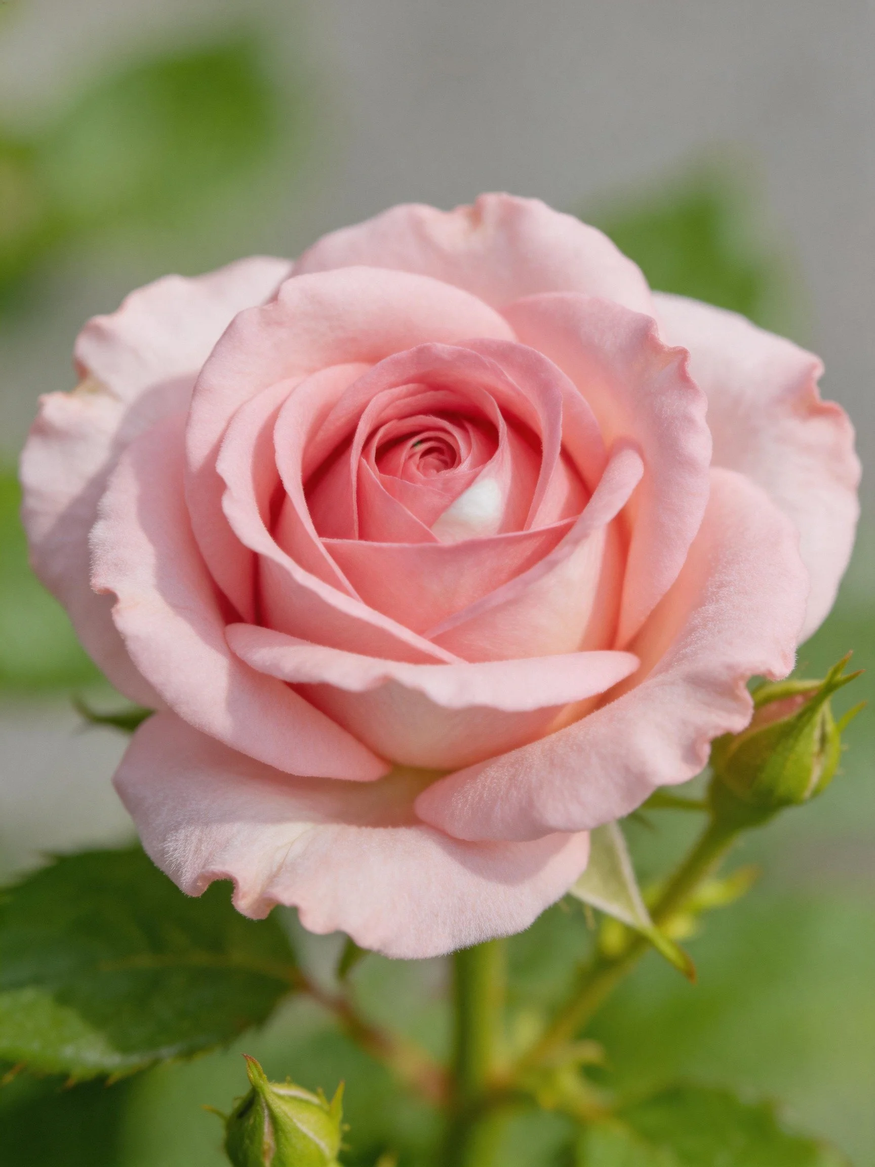 A soft pink rose in full bloom beside green buds and leaves