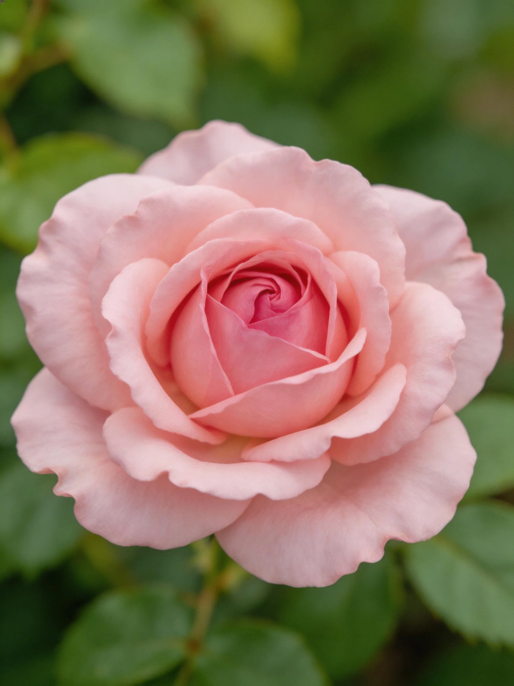 A soft pink rose in full bloom with blurred green foliage