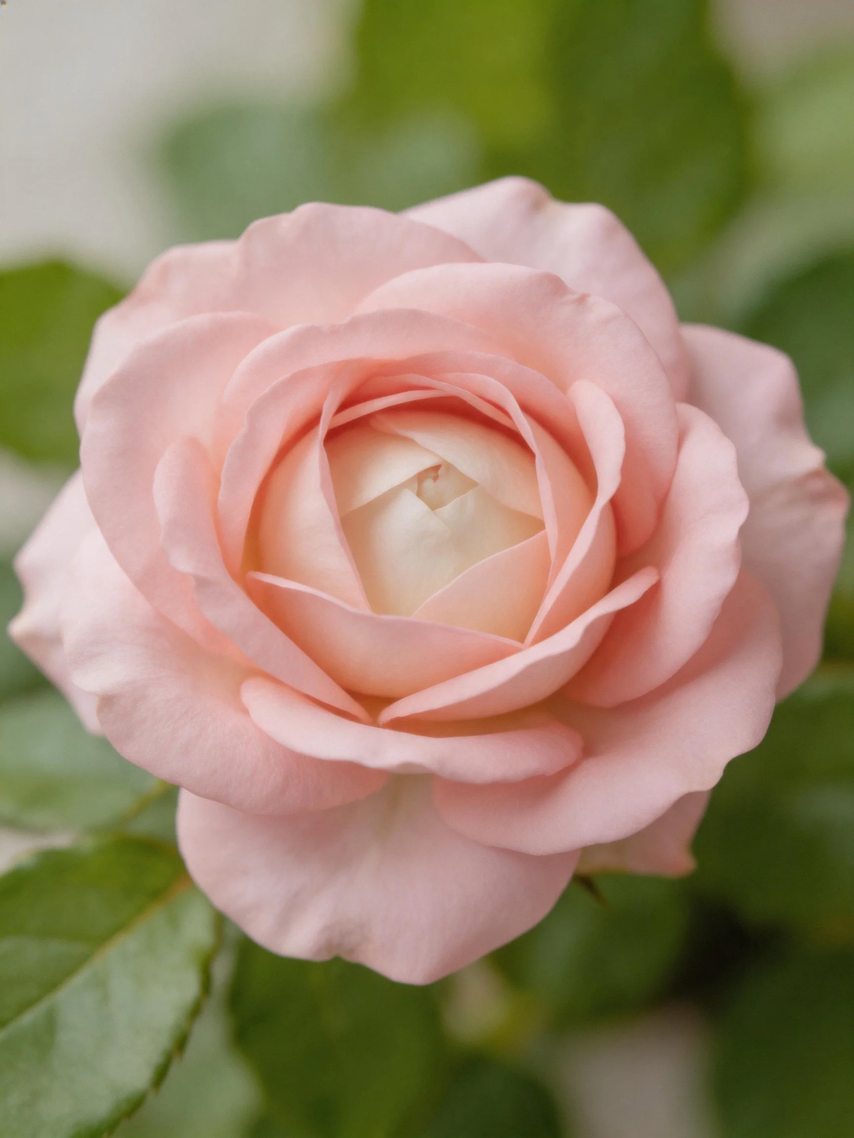A soft pink rose in full bloom with blurred green foliage