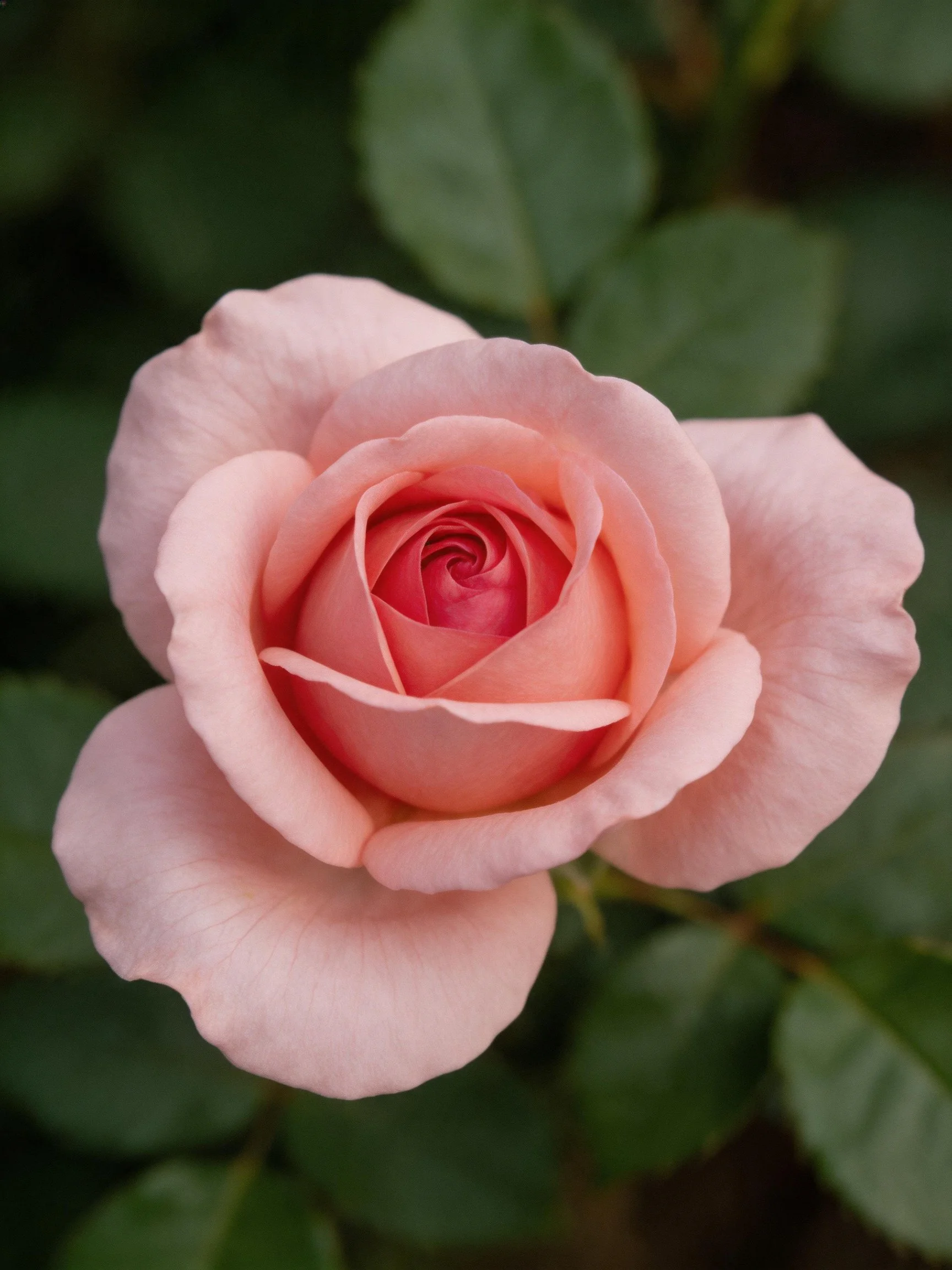 A soft pink rose in full bloom with dark green foliage