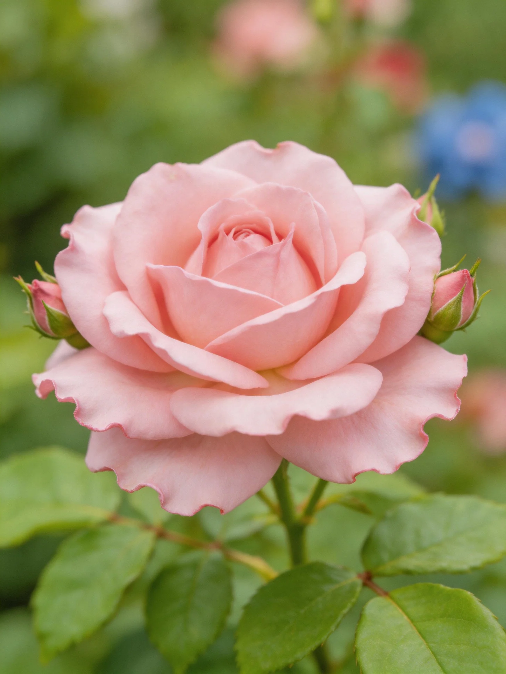 A soft pink rose in full bloom with green buds and leaves