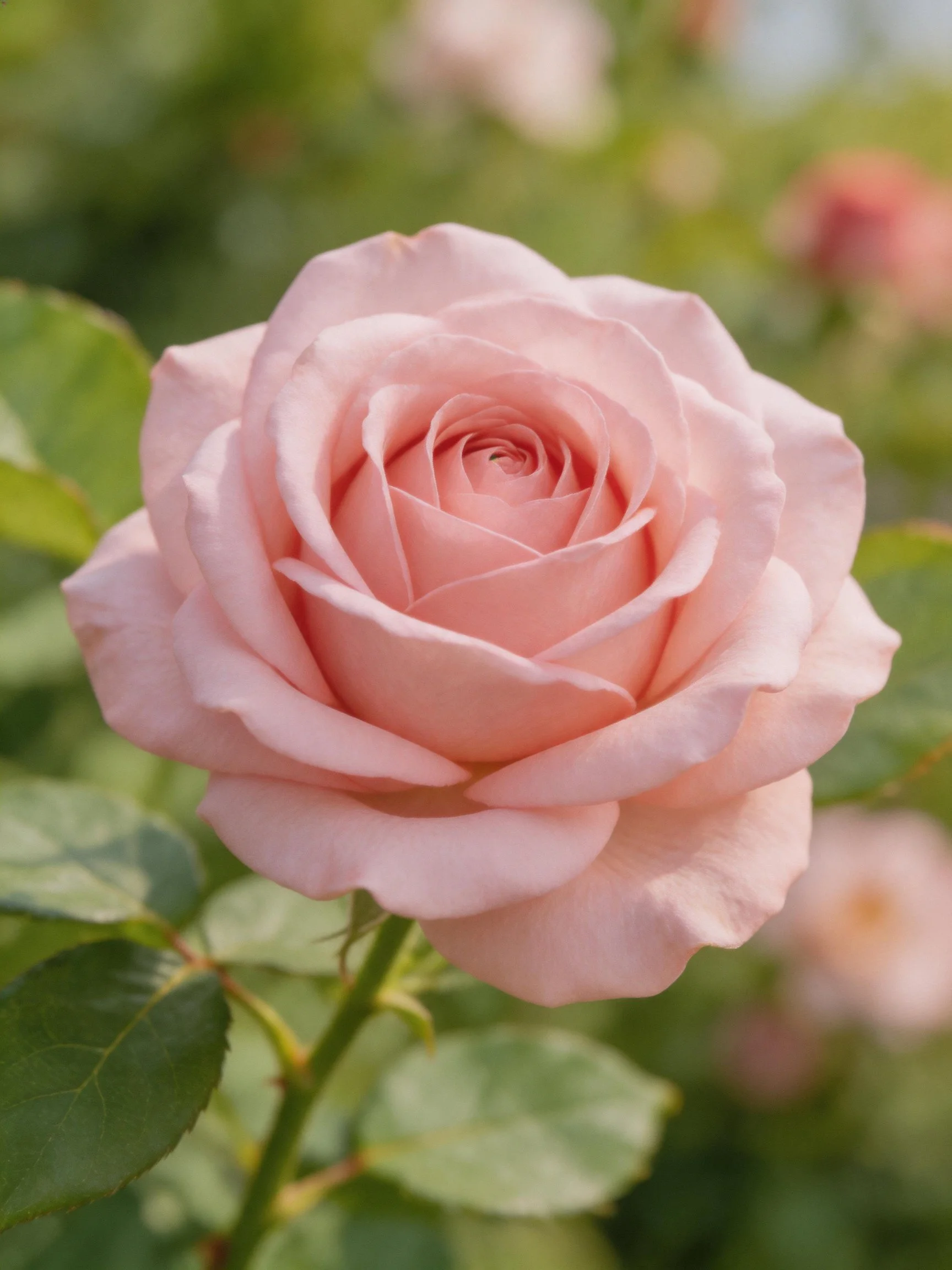 A soft pink rose in full bloom with green leaves