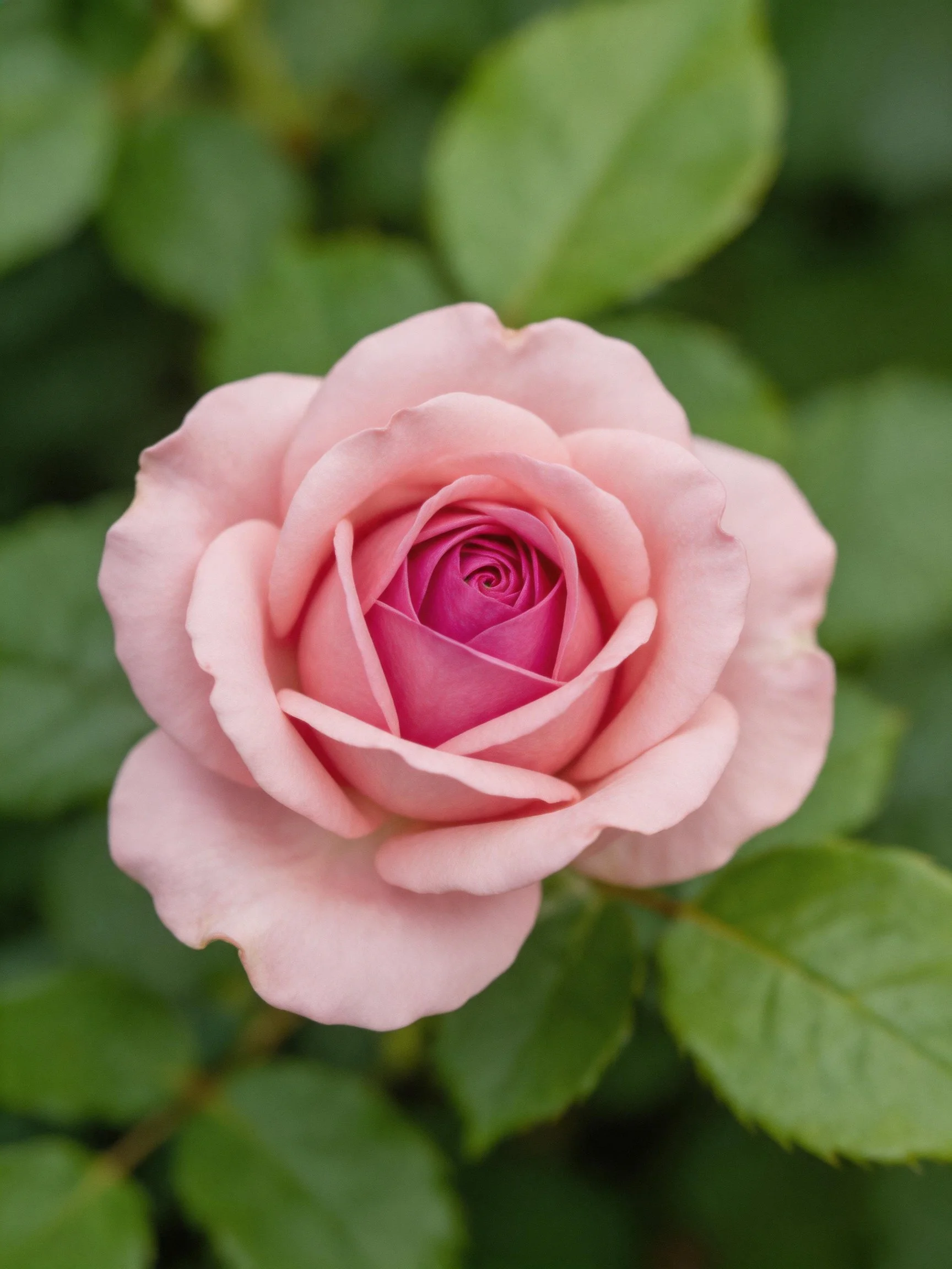 A soft pink rose in full bloom with lush green foliage