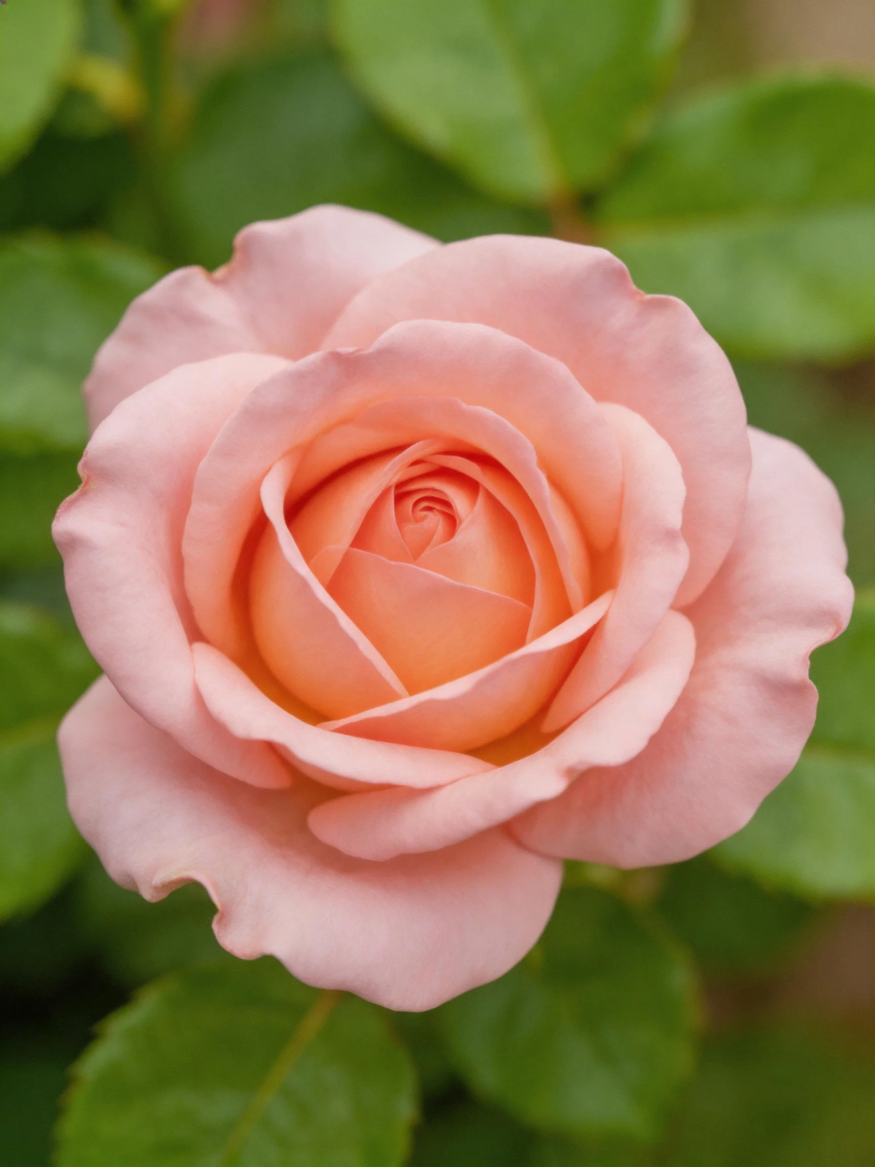 A soft pink rose in full bloom with lush green leaves