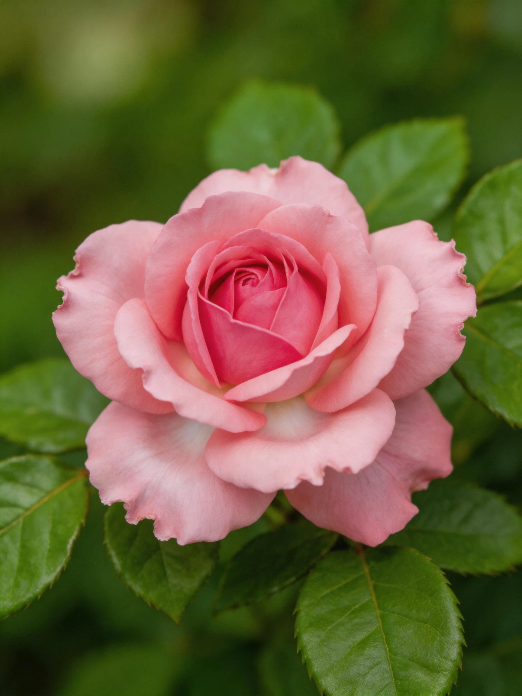 A soft pink rose in full bloom with vibrant green foliage