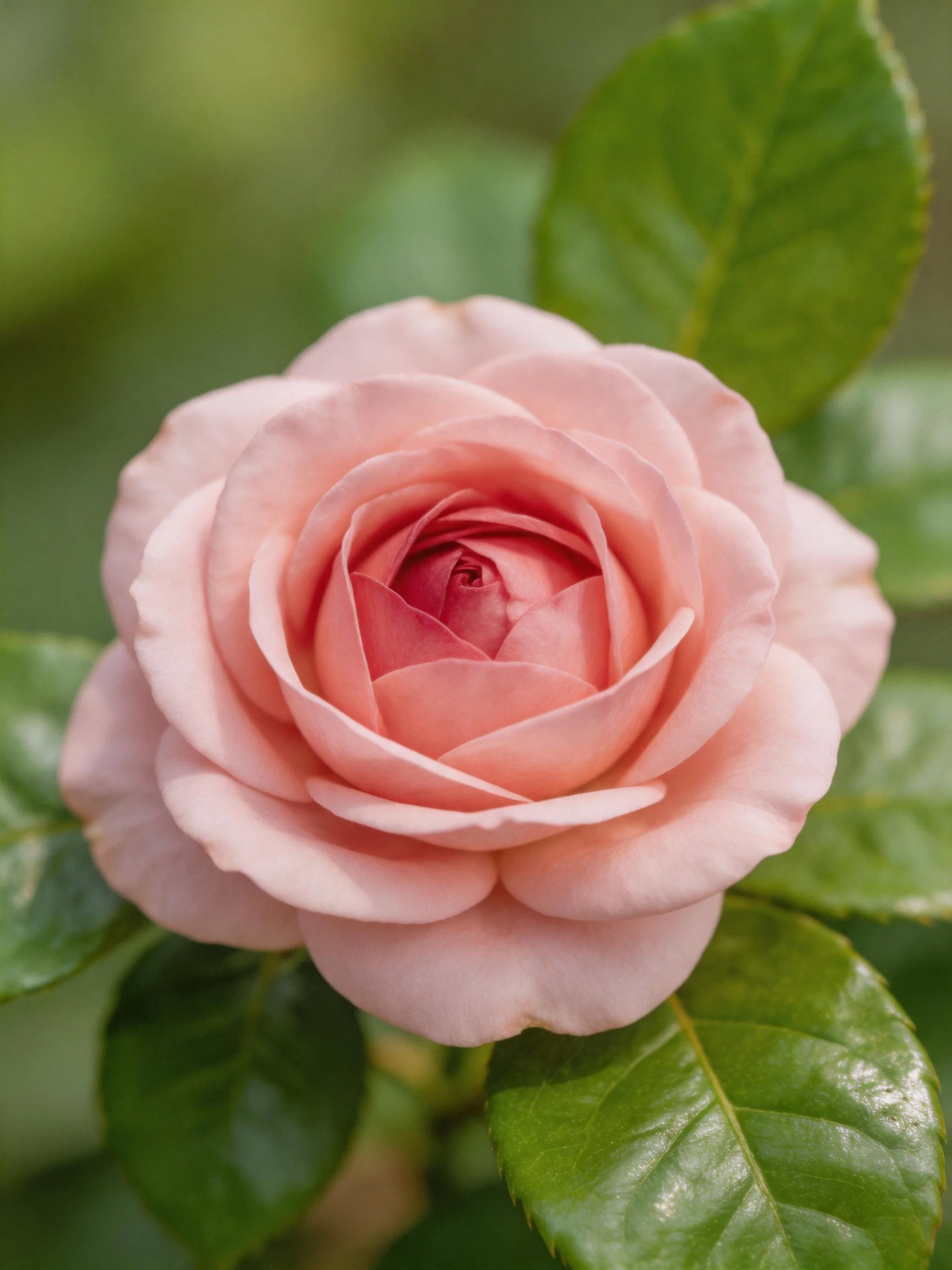 A soft pink rose in full bloom with vibrant green leaves