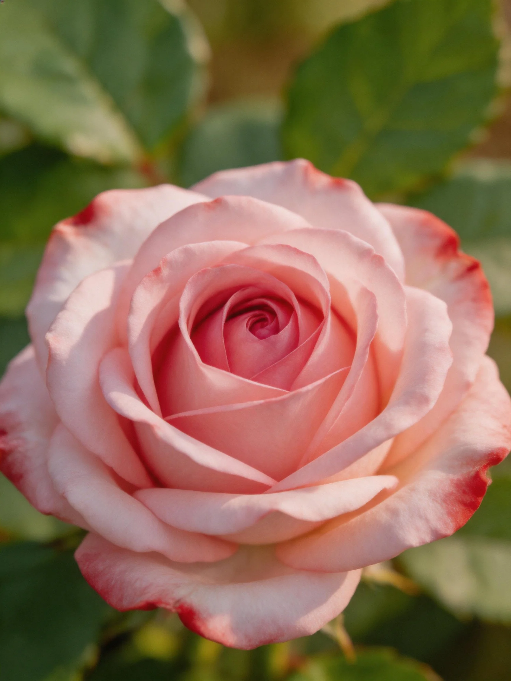 A soft pink rose with dark petal edges, surrounded by green foliage