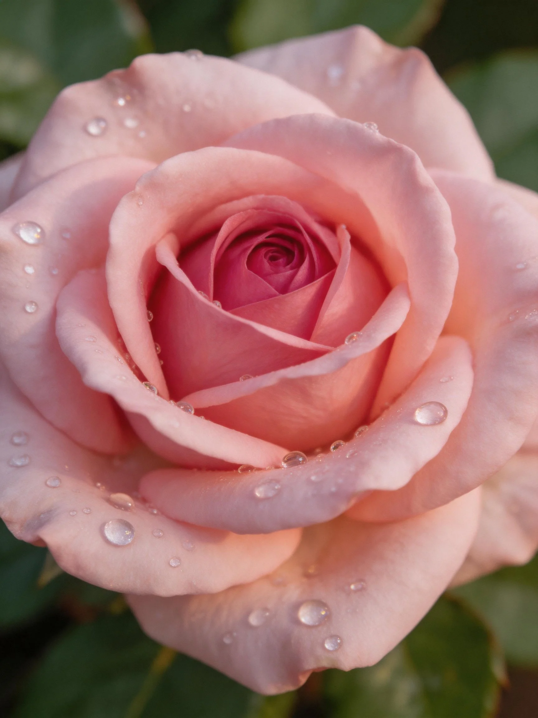 A soft pink rose with glistening dewdrops