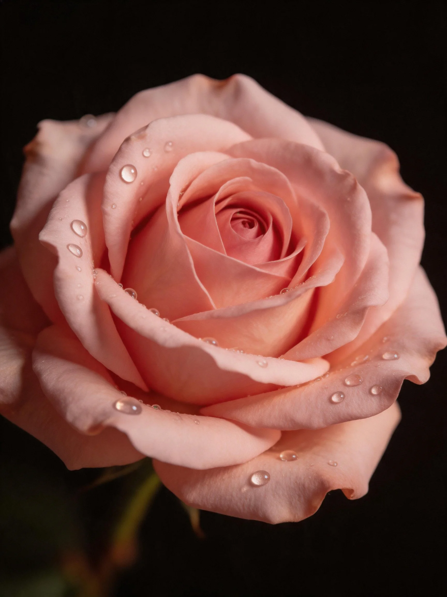 A soft pink rose with glistening water droplets