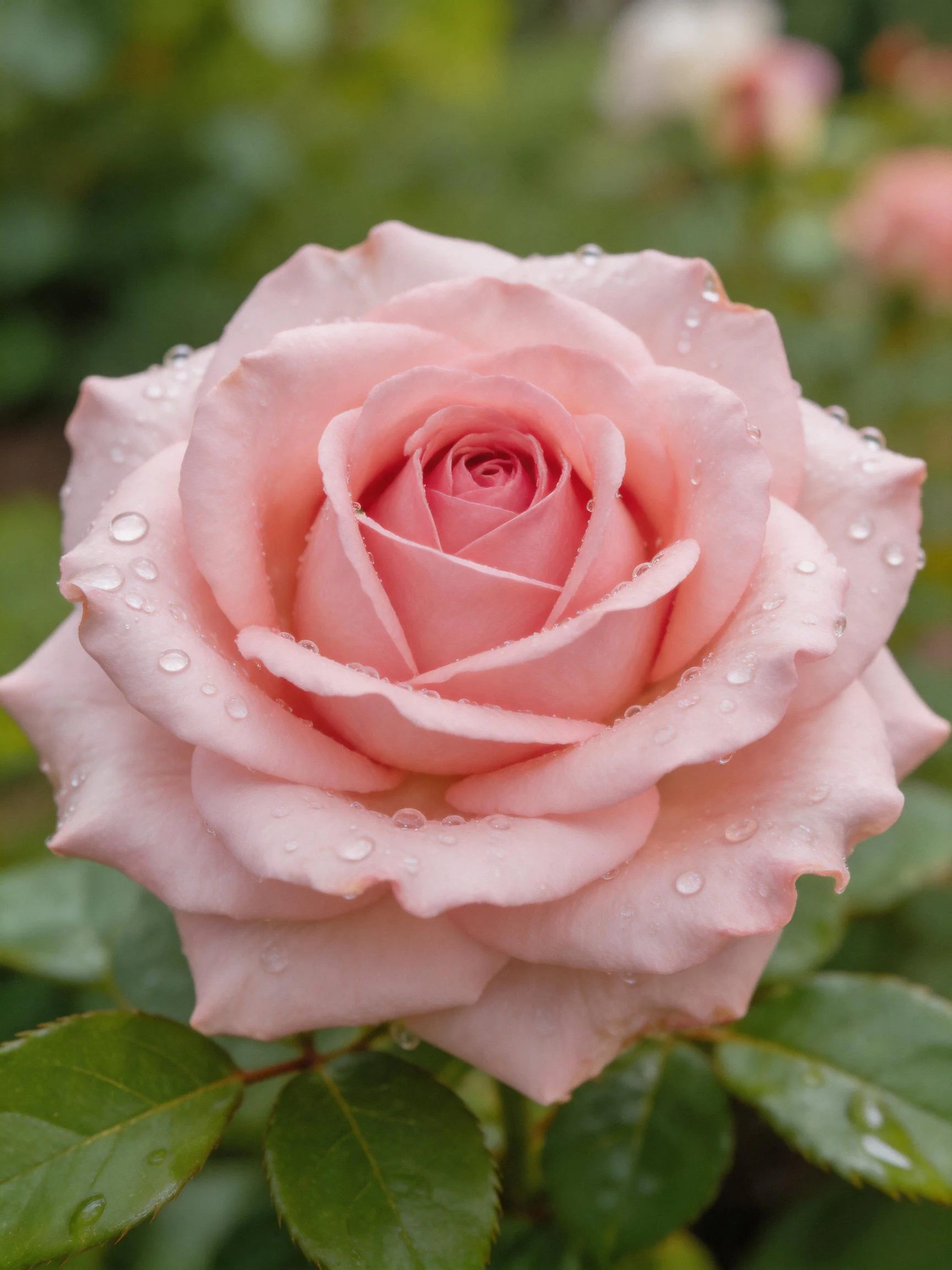 A soft pink rose with glistening water droplets