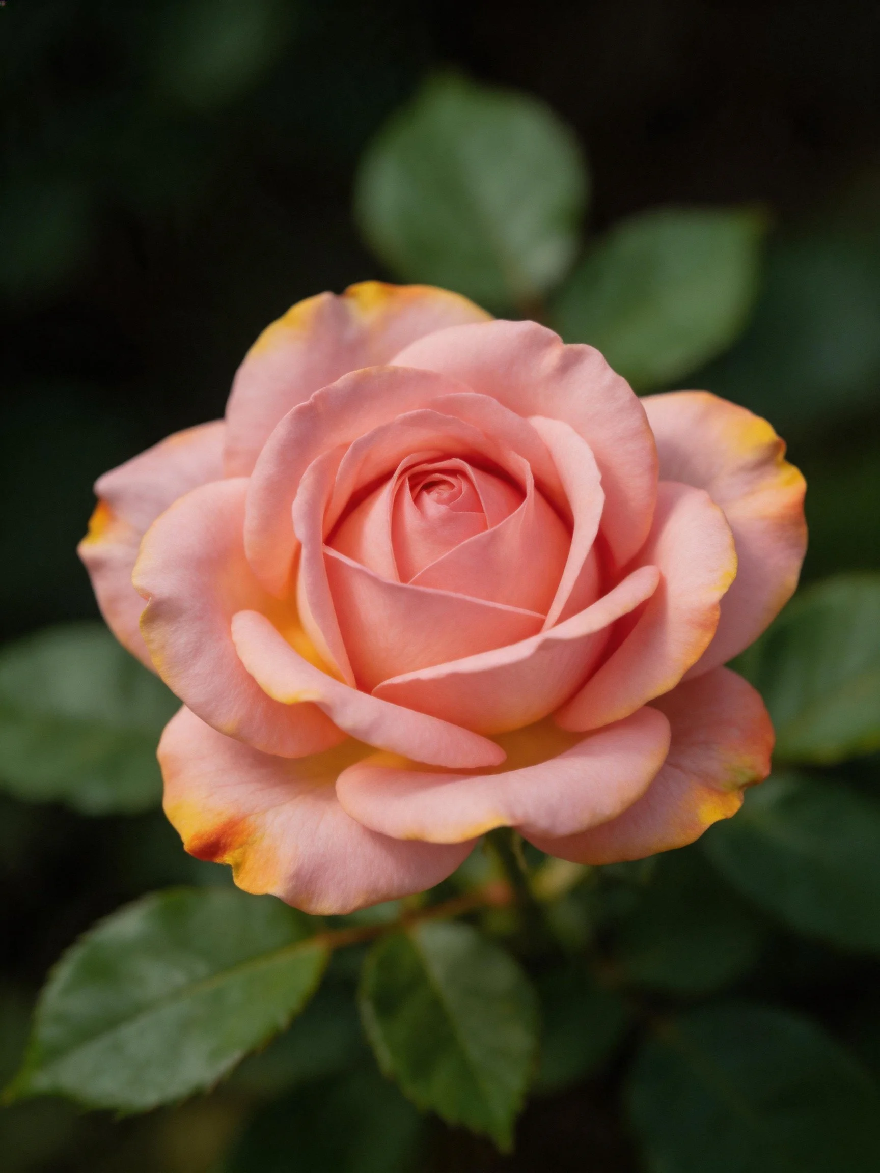 A soft pink rose with golden petal tips