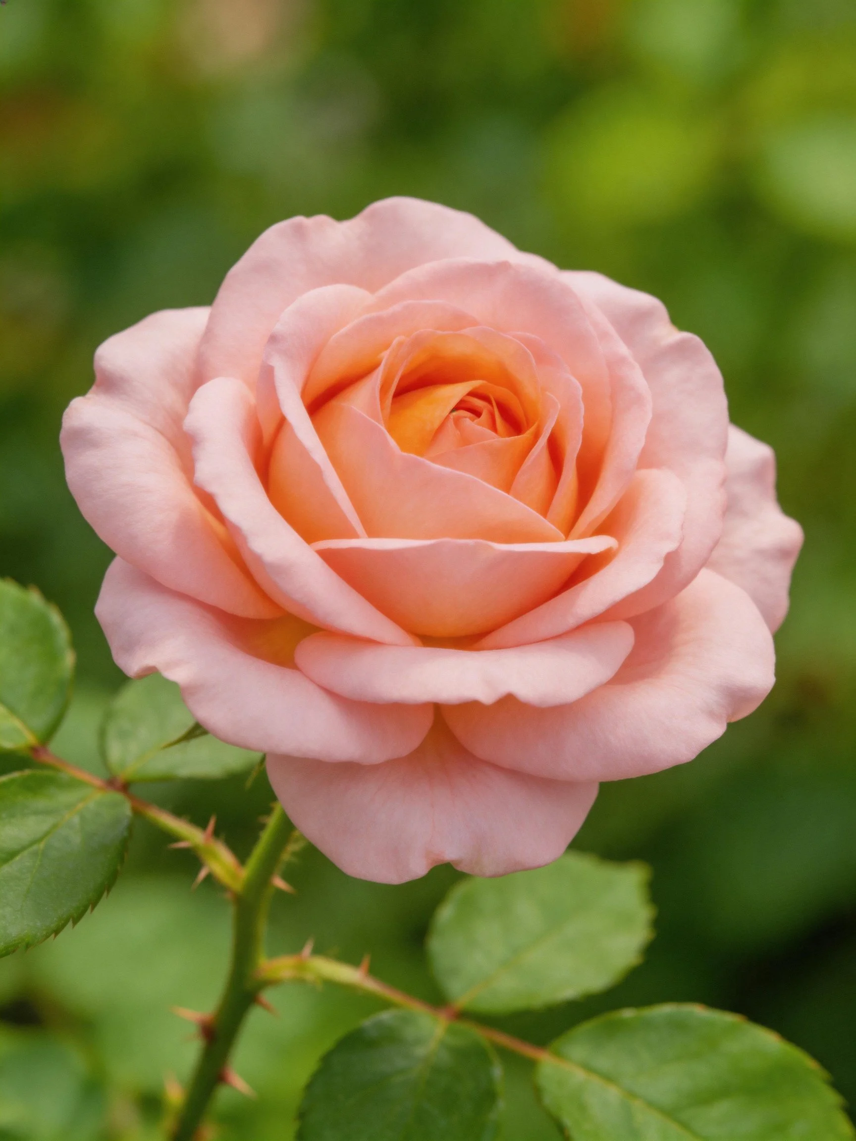 A soft pink rose with green foliage and thorny stem