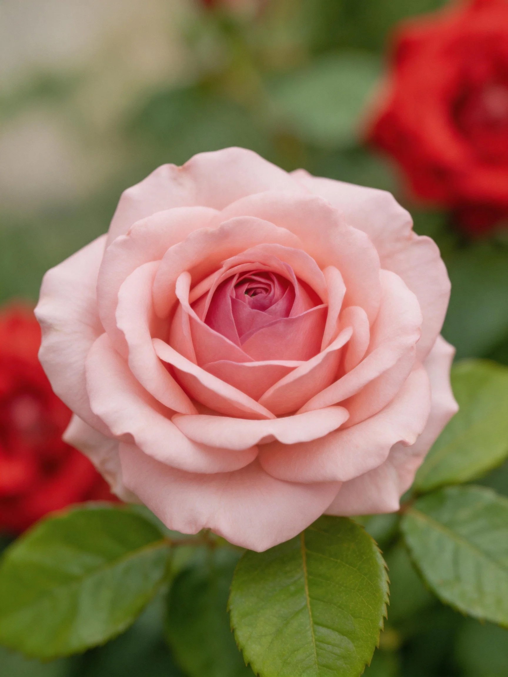 A soft pink rose with green leaves and red roses in the background