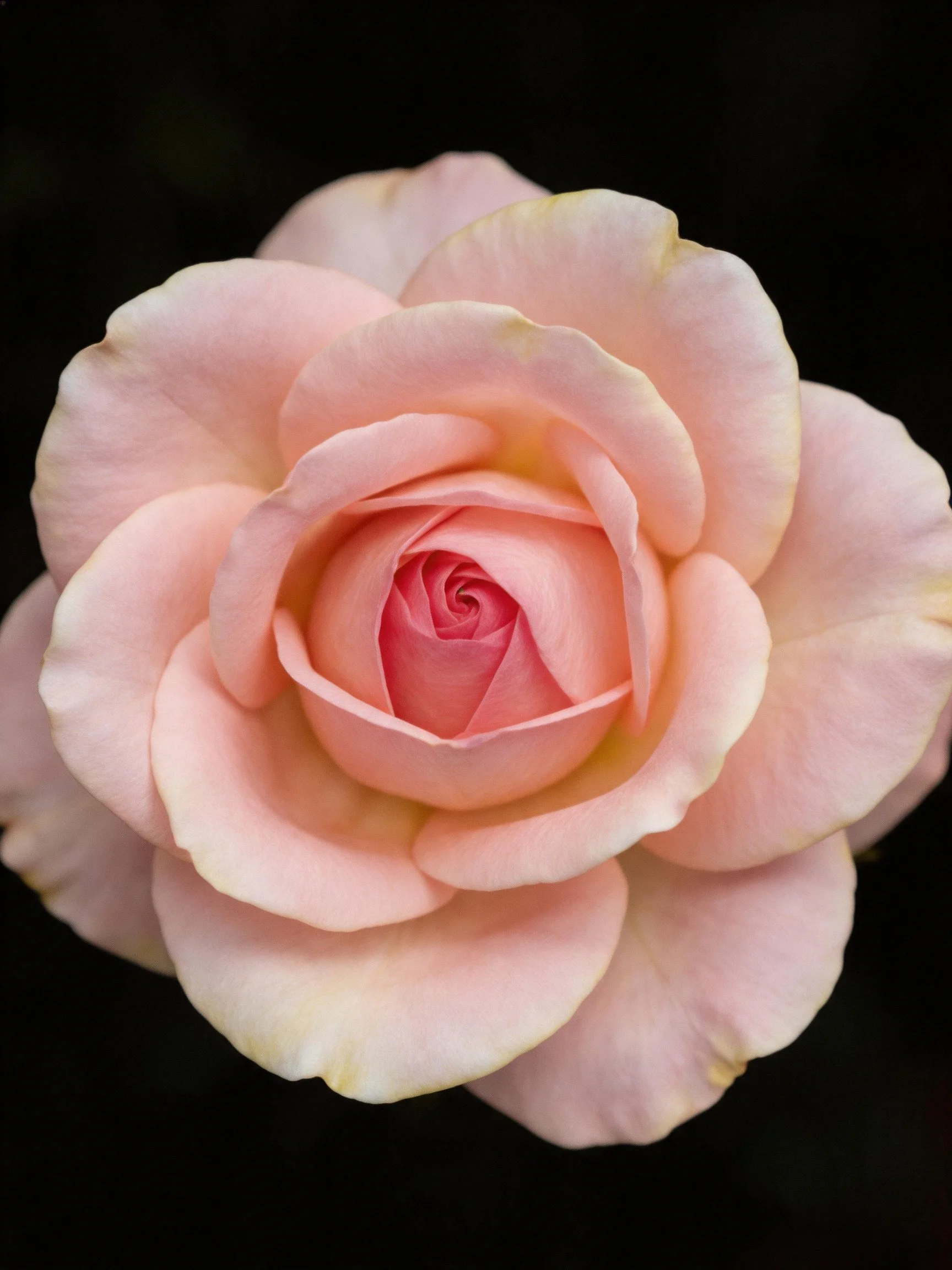 A soft pink rose with layered petals against a black backdrop