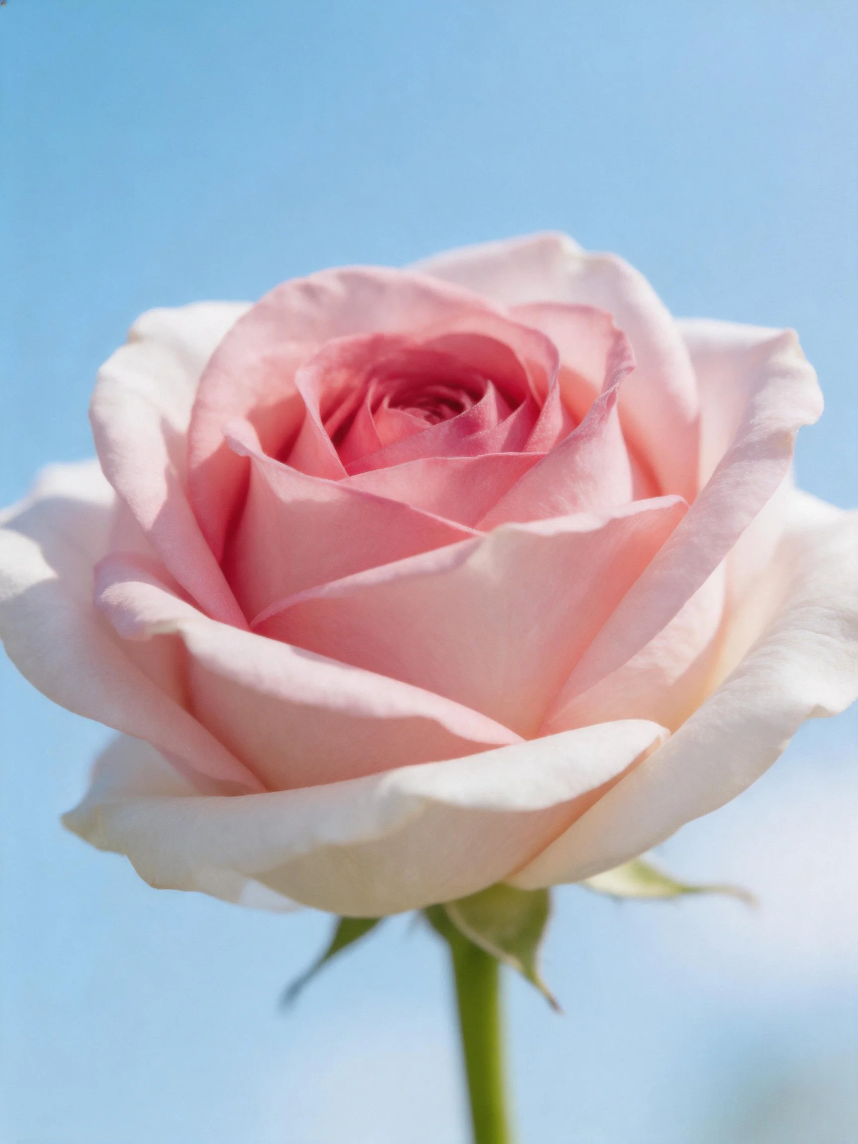 A soft pink rose with layered petals against a clear blue sky